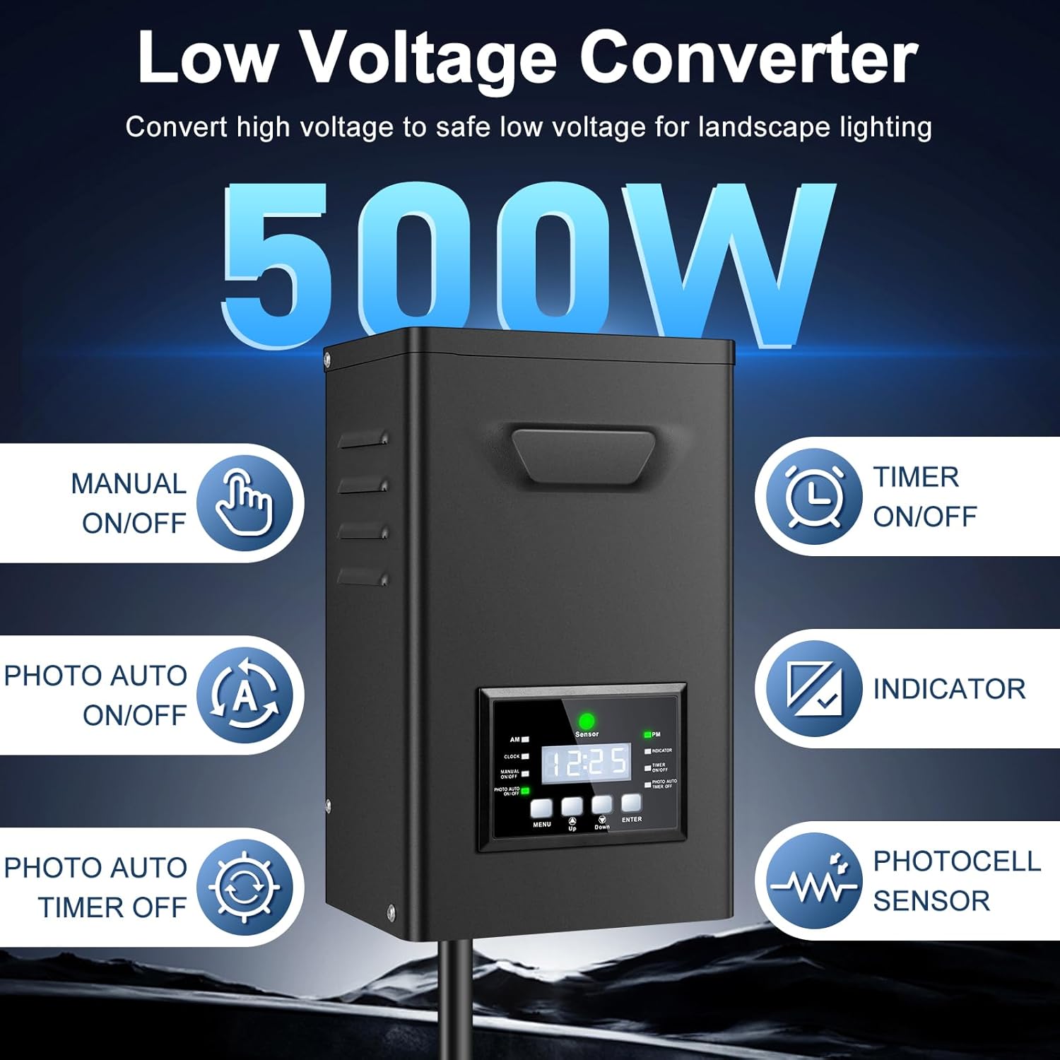 500W / 600W High-Capacity Low Voltage Landscape Transformer, 120V AC to 12V/15V AC Outdoor Lighting Power Supply with LCD Display, Timer & Photocell Sensor for Large-Scale Garden & Yard Lights