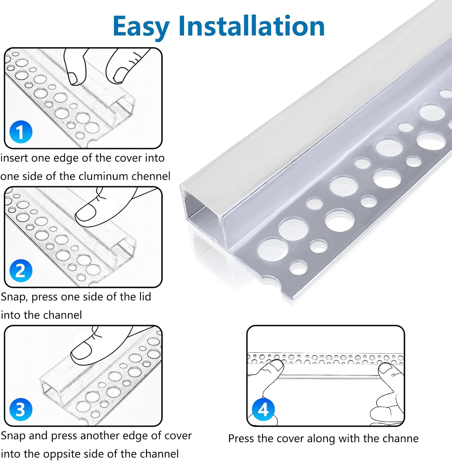 One-Sided Plaster-in Drywall LED Aluminum Channels– Fit for 1 to 12mm LED Strip | 1Meter | Silver | Milky White Cover | 4 / 6 / 10 -Pack | Local Stock US/UK