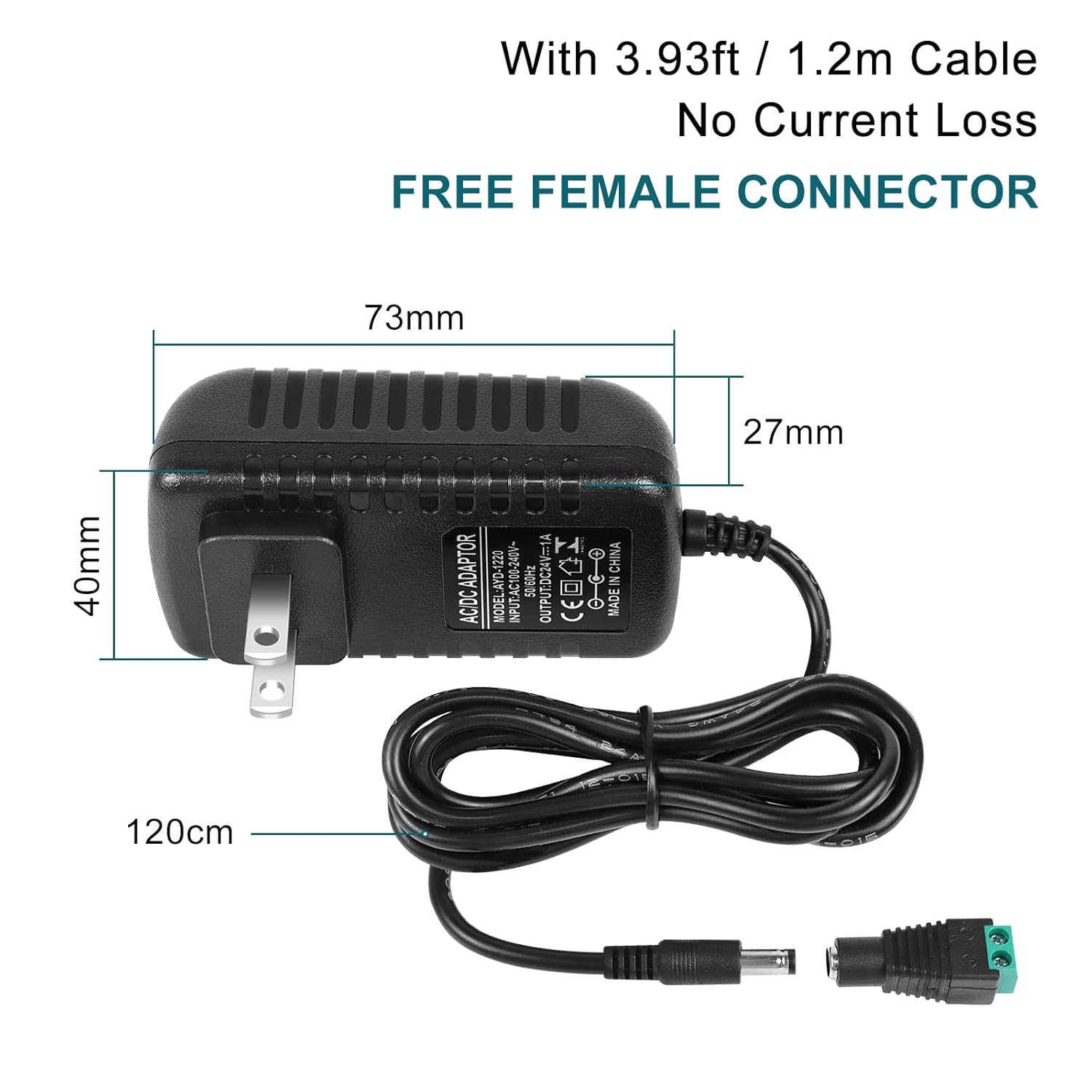 DC 24V Power Adapter 24W, AC 100–240V to 24V Wall Plug Switching Power Supply with US Plug, Black Case