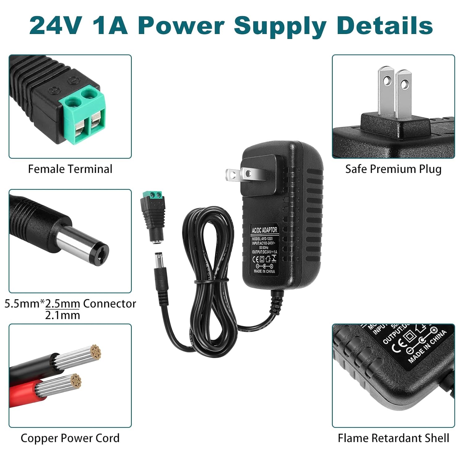 DC 24V Power Adapter 24W, AC 100–240V to 24V Wall Plug Switching Power Supply with US Plug, Black Case