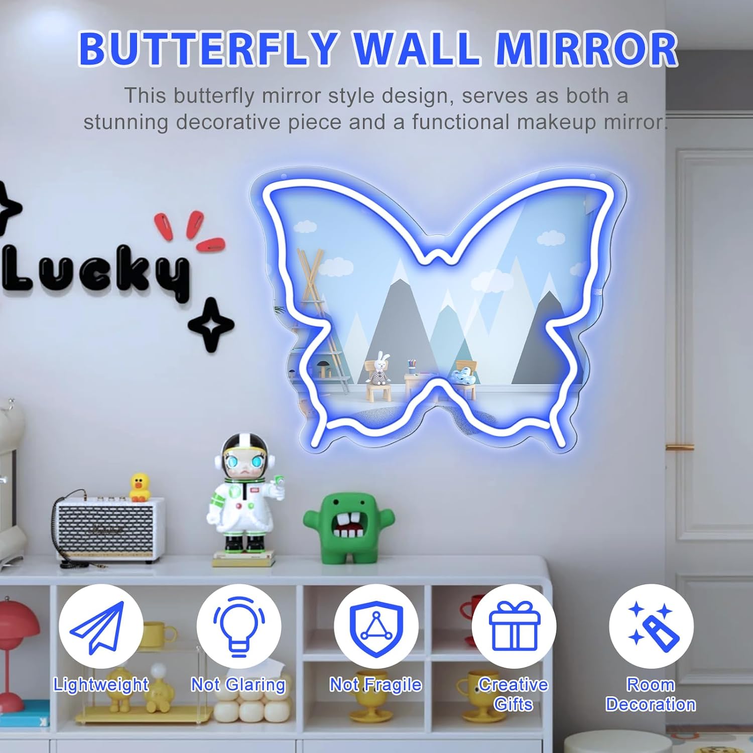 Butterfly Mirror Vanity Sign – 15.7×12 inch | Blue/Ice Blue/Pink/Purple/Warm White Neon Outline | USB Powered | Perfect for Vanity Decor