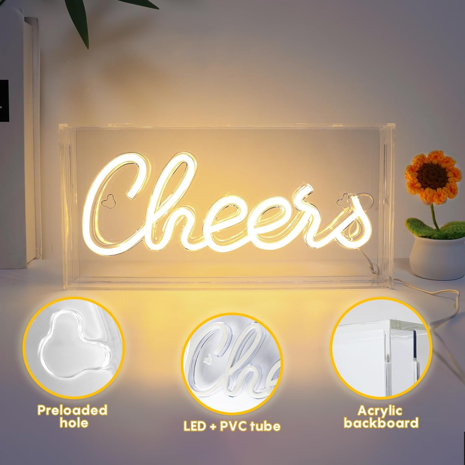 CHERRS Desk Lightbox Sign – Rectangular 12x6 inch | Warm White/ Pink | USB Powered | Tabletop Display | For Girls' Room, Bedroom, Pub, Hotel, Beach, Cocktail Bar, Christmas Gift