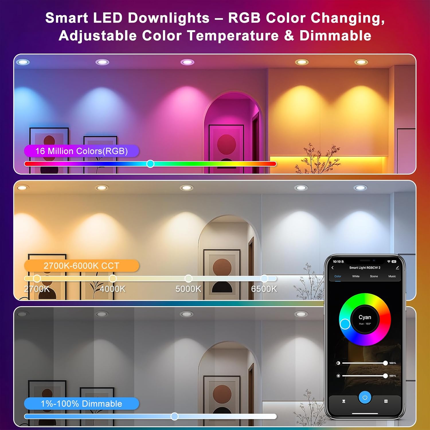 Smart COB WiFi Recessed Lighting | 2Inch 5W | Dimmable RGB & CCT 2700-6500K | 100–240V | White Housing | Compatible with Alexa and Google Home | 4 / 6 / 10 / 12-Pack