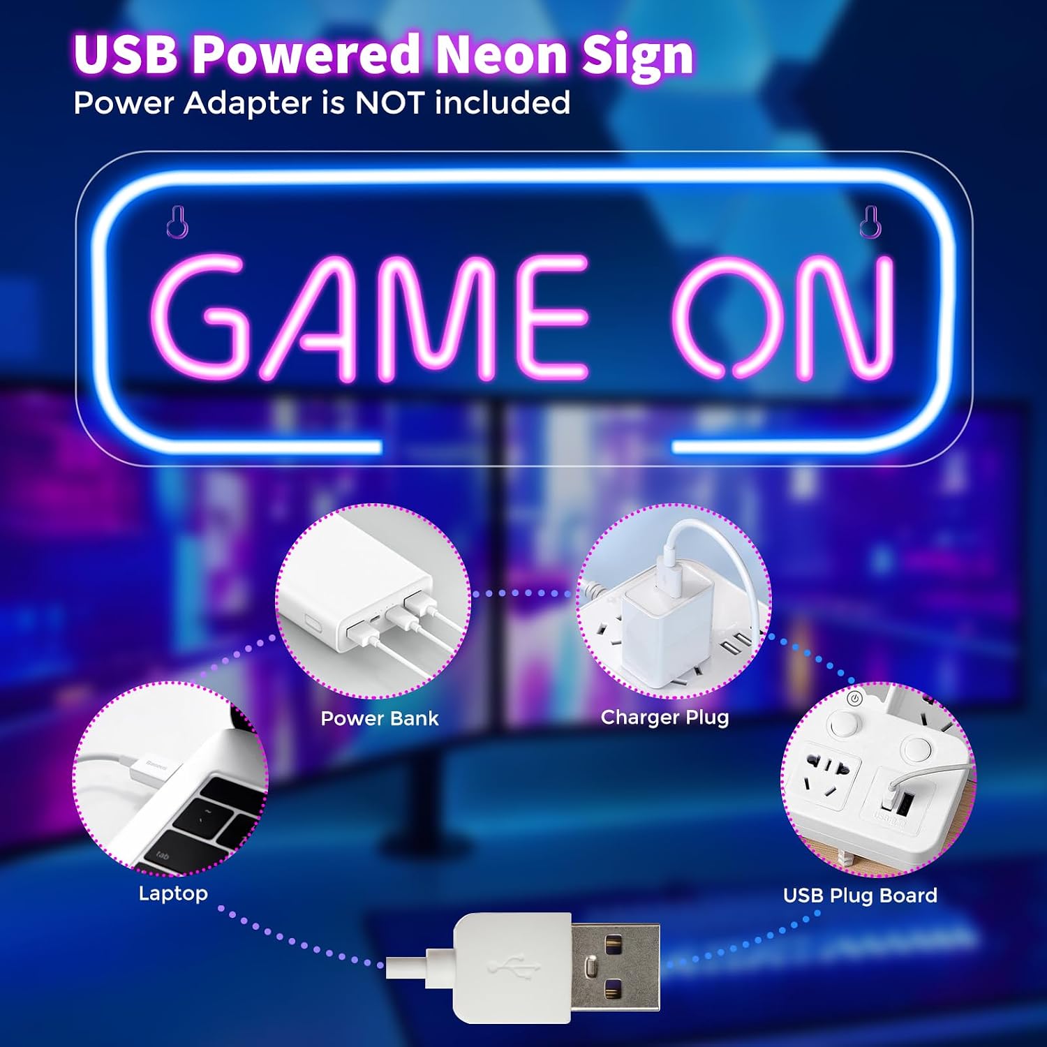 Good Vibes LED Sign – GAME ON Silicone Neon Sign – 15.7×5.6 Inch | 5V USB Powered Dimmable Blue & Pink Glow LED Wall Light | Neon Lamp with Accessories Included | Hanging Gaming Decor for Gaming Room, Bedroom, Setup & Party Spaces