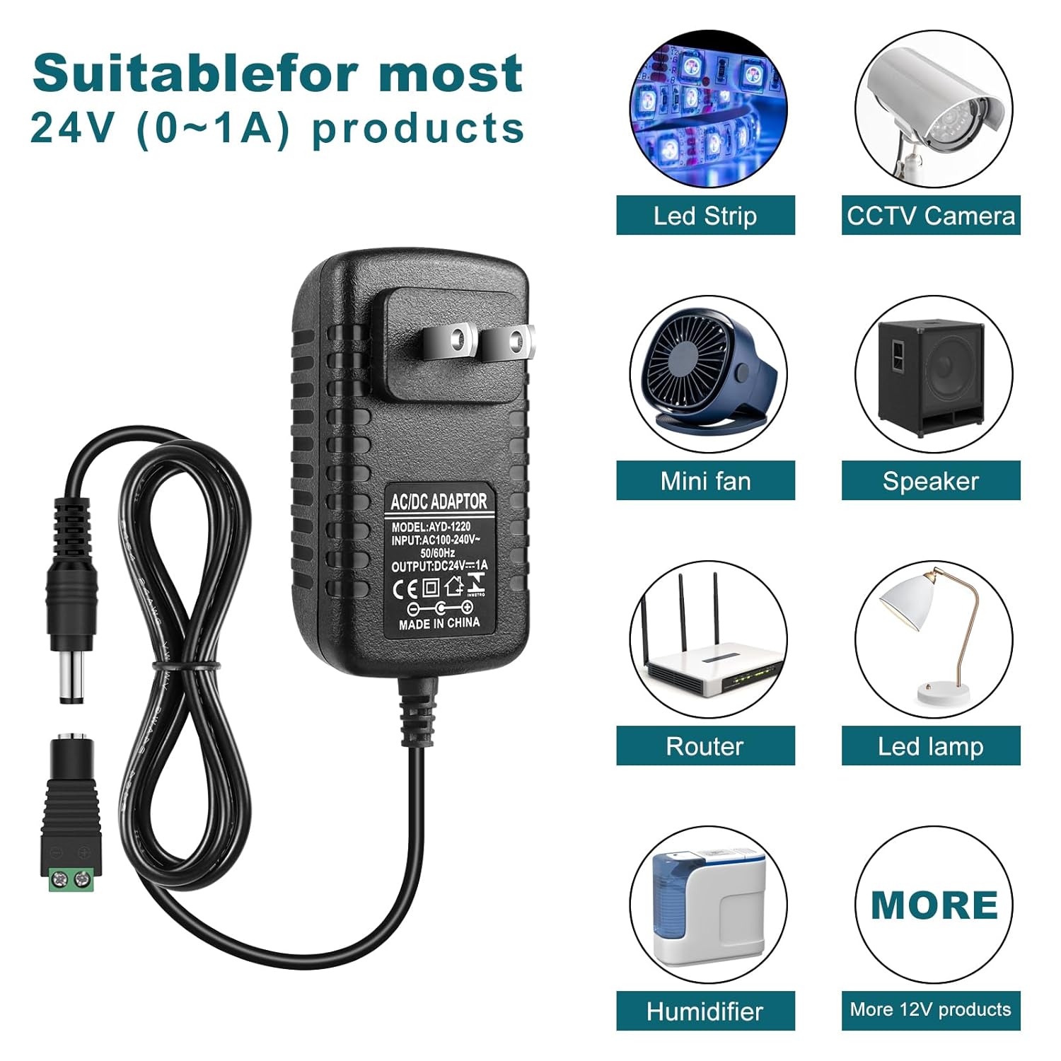 DC 24V Power Adapter 24W, AC 100–240V to 24V Wall Plug Switching Power Supply with US Plug, Black Case
