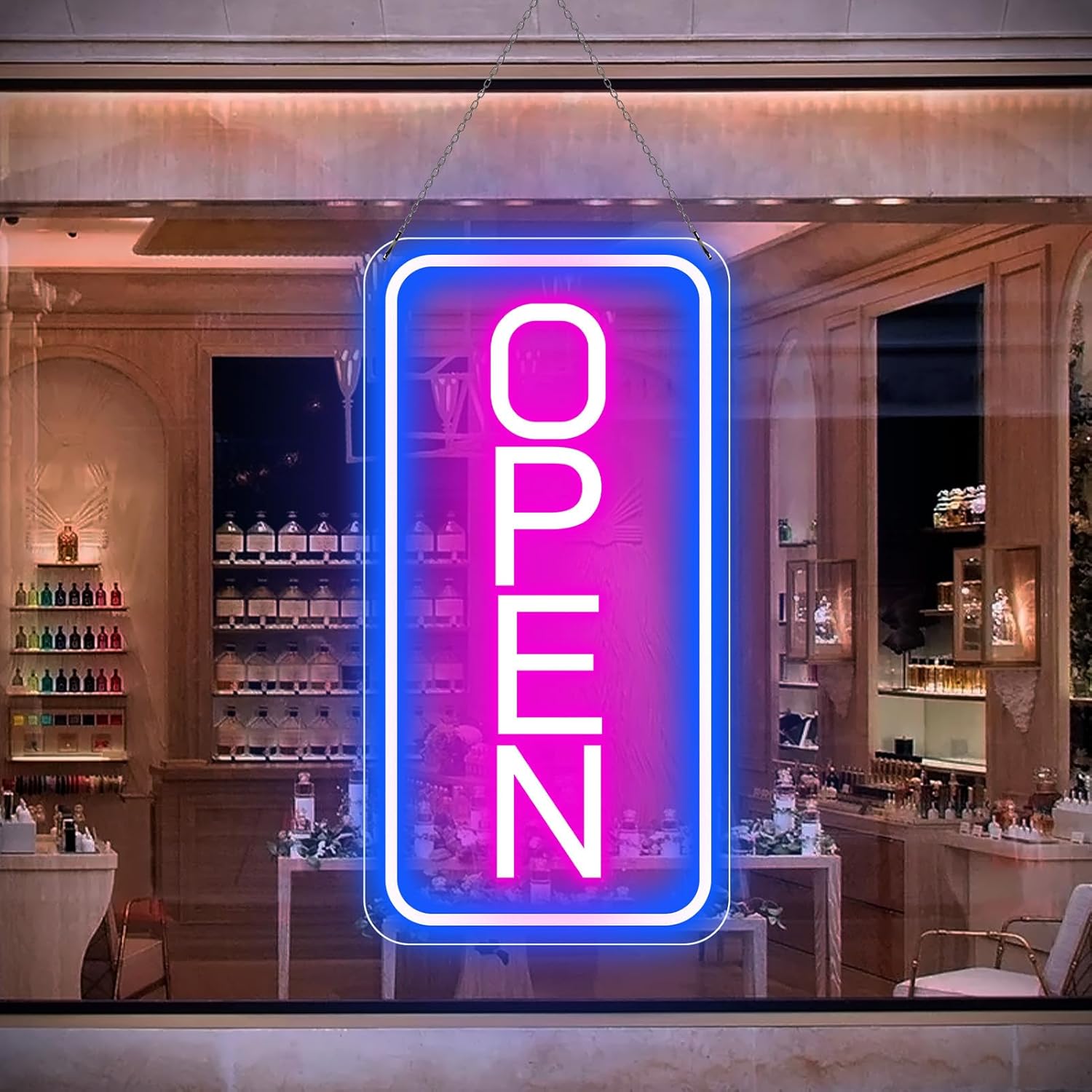 Vertical OPEN Neon Sign – USB Powered | 17×9 inch (44×24 cm) | 6 Color Options | LED Window Hanging Light for Storefronts