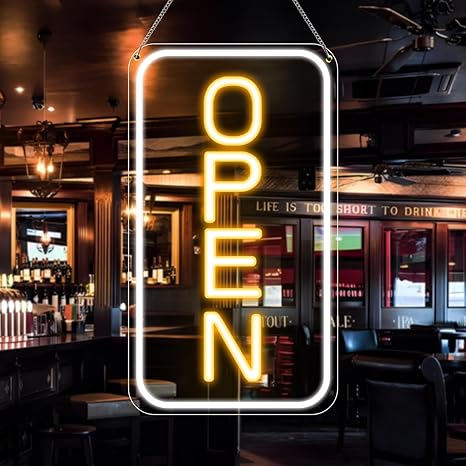 Vertical OPEN Neon Sign – USB Powered | 17×9 inch (44×24 cm) | 6 Color Options | LED Window Hanging Light for Storefronts