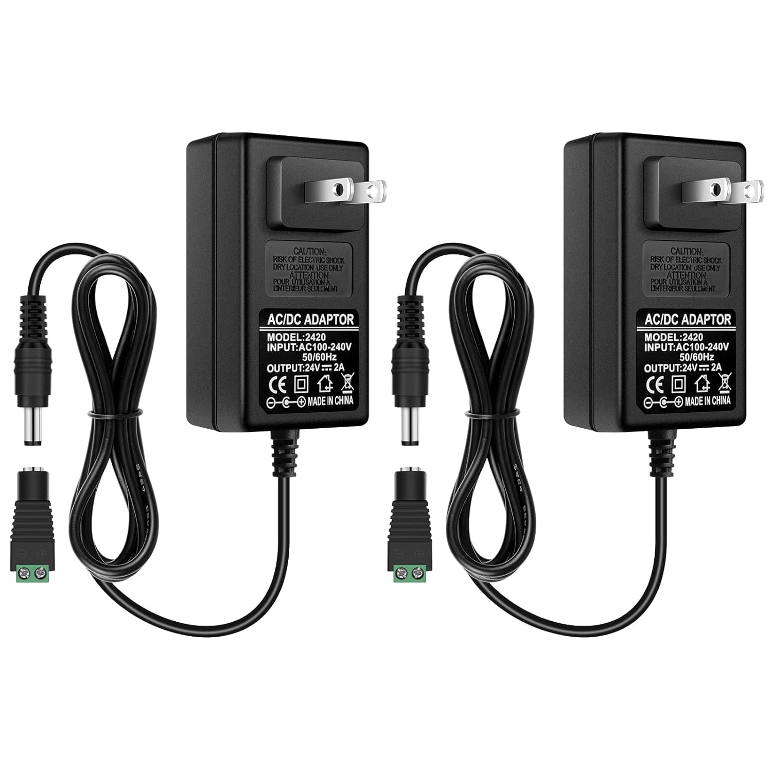 DC 24V Power Supply Adapter 48W–72W, AC 100–240V to 24V Switching Transformer, LED Driver Wall Plug Charger with US Plug, Black Case