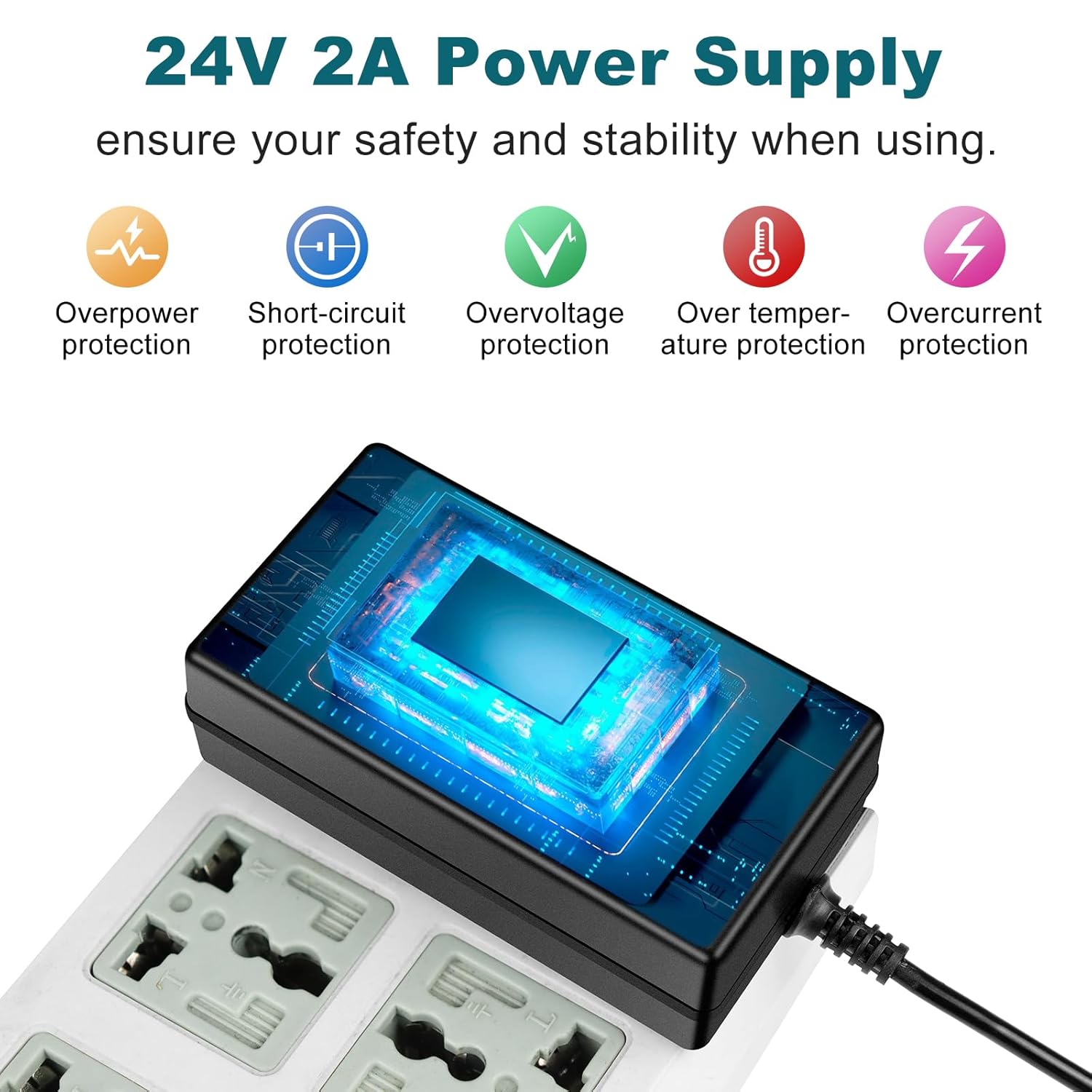 DC 24V Power Supply Adapter 48W–72W, AC 100–240V to 24V Switching Transformer, LED Driver Wall Plug Charger with US Plug, Black Case