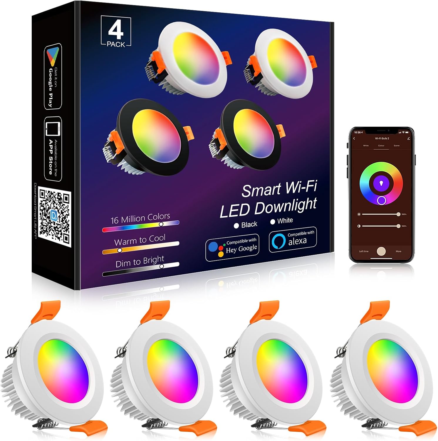 Lot de 4 spots LED encastrables RGBW 5 W pour plafond, éclairage mural photo, luminaires lumineux 350 lm, éclairage encastré à économie d'énergie pour magasin de vêtements, hôtel, bar, salle de danse