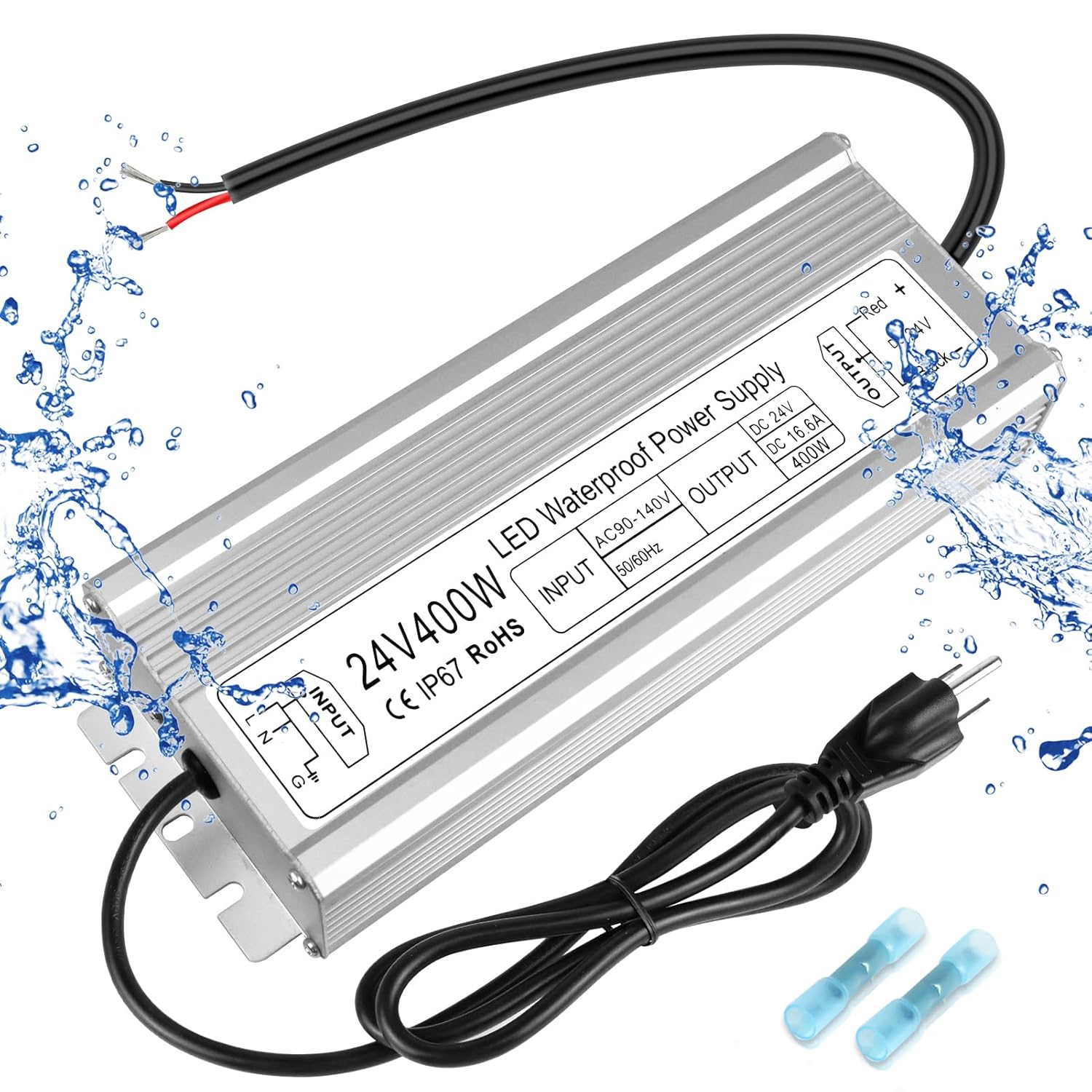 24V Waterproof LED Transformer, 90–140V Input, 200W–500W, Single/Dual Wire Output, CE/RoHS/FCC — US Plug & Wire Leads, Outdoor Lighting Adapter