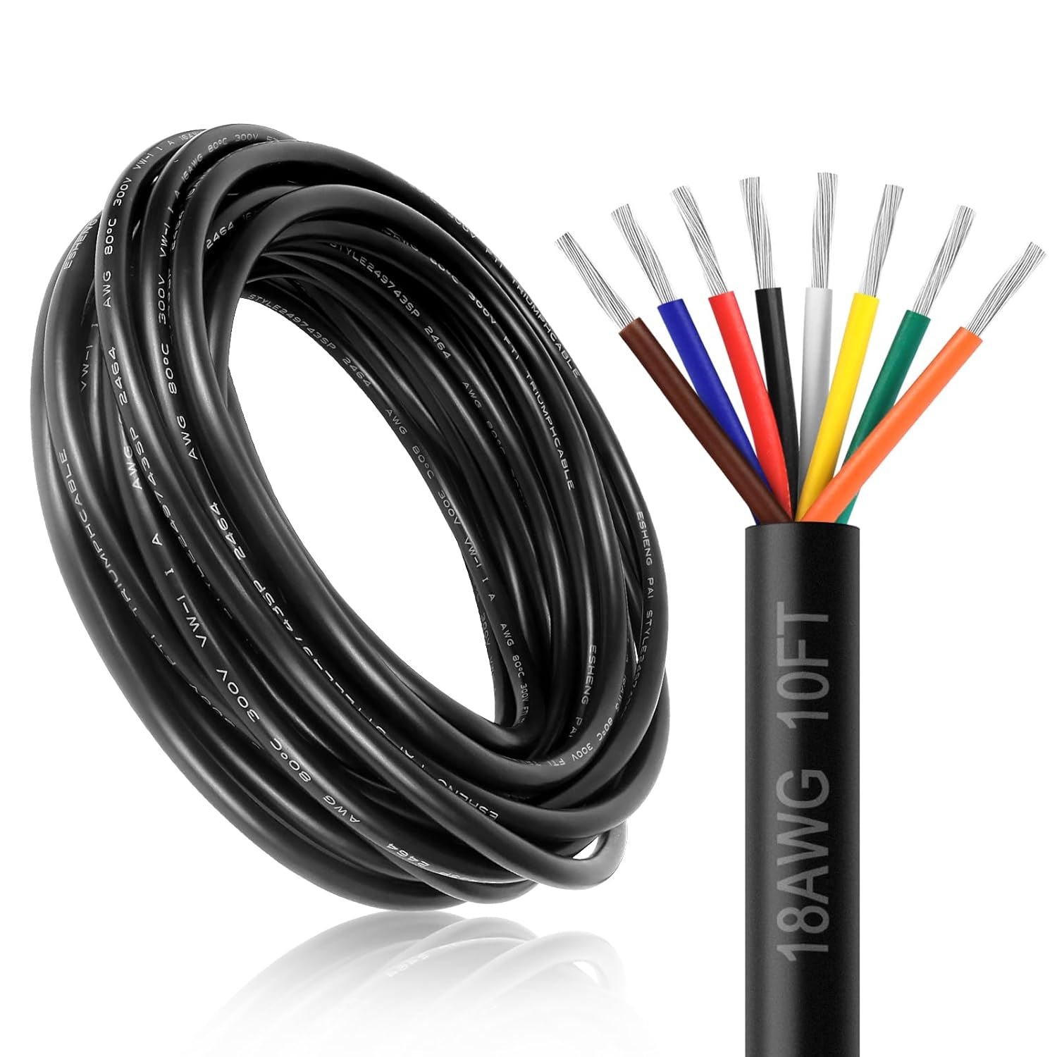 18 AWG Electrical Wire, 6/7/8 Conductor Stranded Tinned Copper Multi-Core Cable, Black/White PVC Flexible Control Extension Cord — 10/20/50m (33ft–165ft) Options