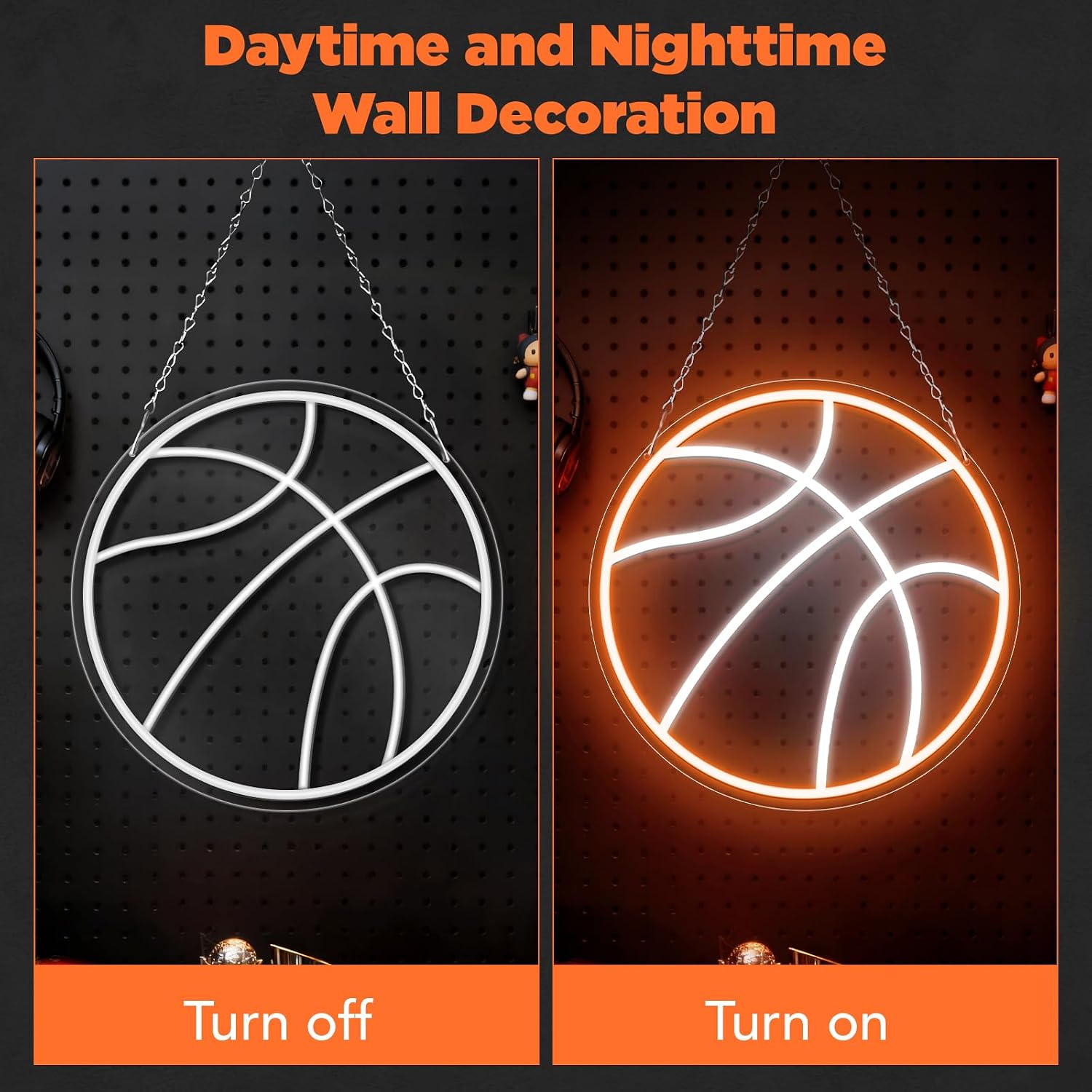 Good Vibes LED Sign – Basketball Silicone Neon Sign – 12.5×12.5 Inch | 5V USB Powered Dimmable Orange & White Glow LED Wall Light | Neon Lamp with Accessories Included | Hanging Sports Decor for Bedroom, Game Room, Bar & Party Spaces