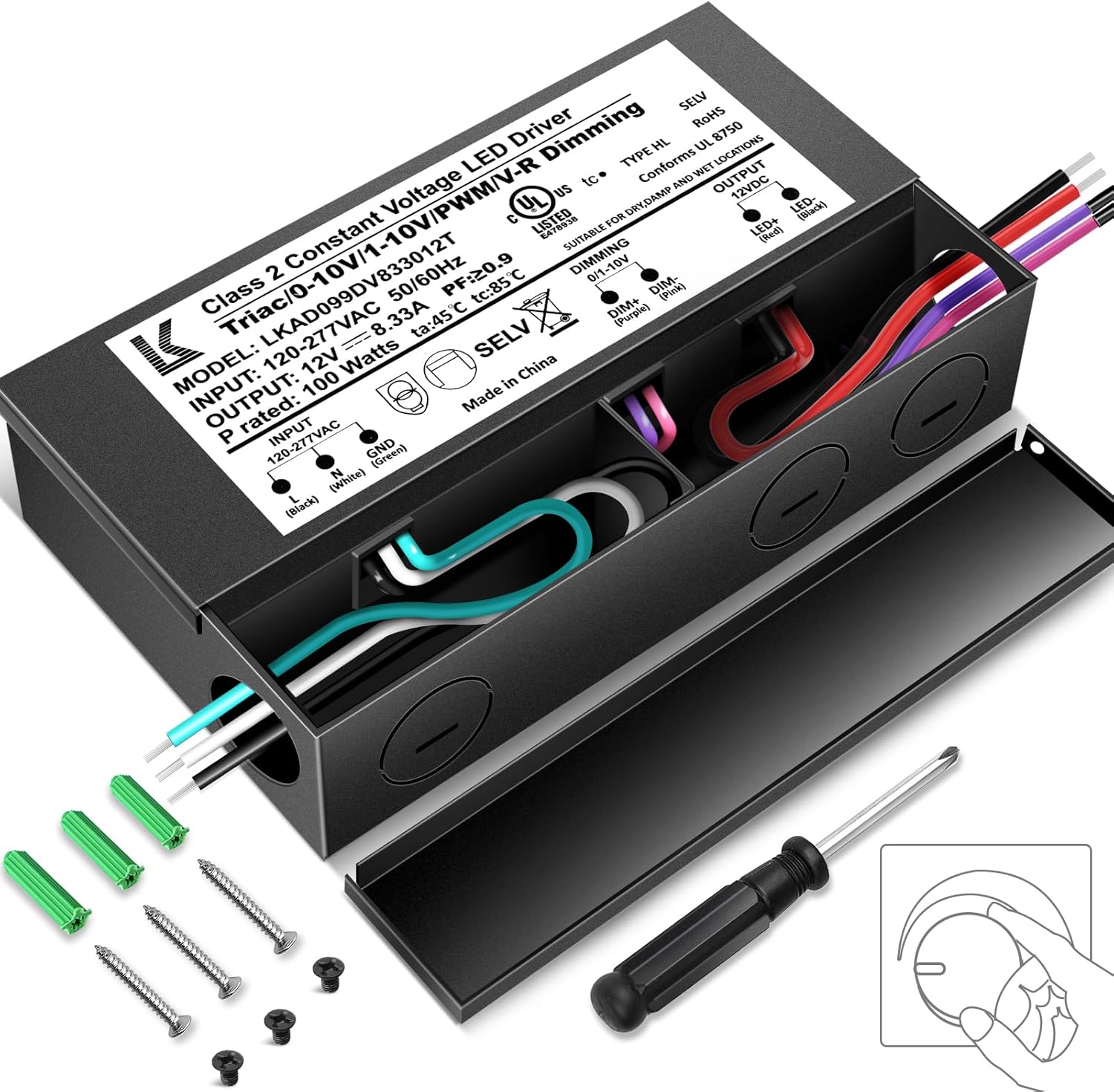 12V DC 5-in-1 Dimmable LED Power Supply, 60W/100W/200W, UL Listed, AC 120–277V Input, Waterproof Driver for Traic/ELV/0-10V/PWM/Resistive Control