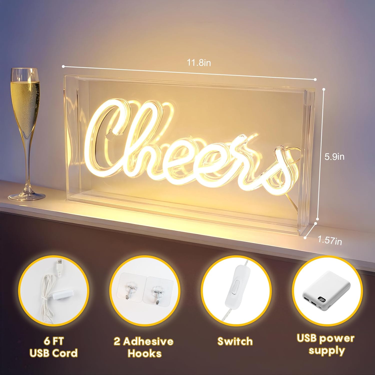 CHERRS Desk Lightbox Sign – Rectangular 12x6 inch | Warm White/ Pink | USB Powered | Tabletop Display | For Girls' Room, Bedroom, Pub, Hotel, Beach, Cocktail Bar, Christmas Gift