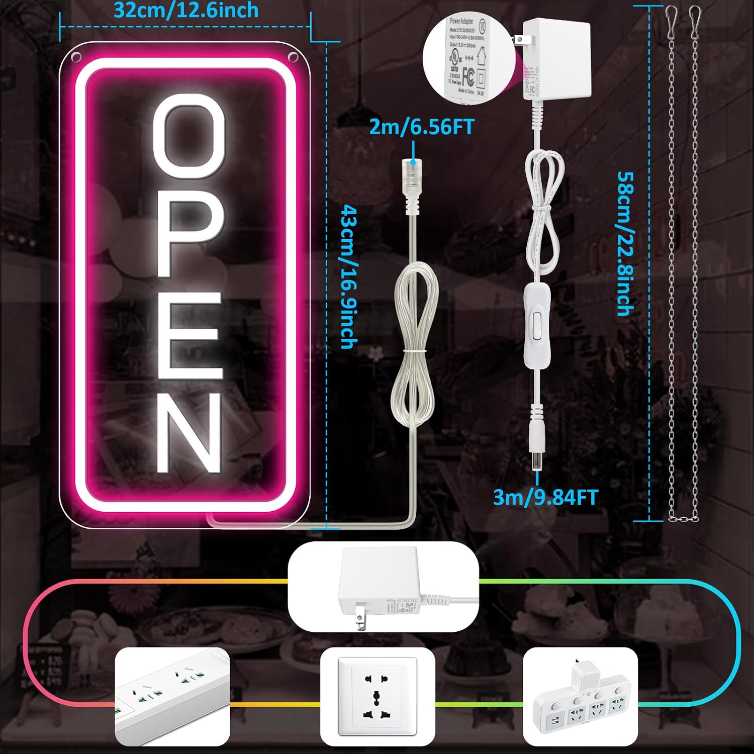 OPEN COB LED Sign – 22.8×11.8 Inch | 12V Powered Pink & White Glow Light | Horizontal & Vertical Style with US Plug for Storefront & Business Decor