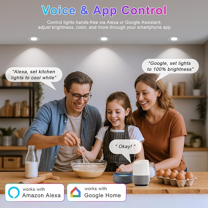 Smart COB WiFi Recessed Lighting | 2Inch 5W | Dimmable RGB & CCT 2700-6500K | 100–240V | White Housing | Compatible with Alexa and Google Home | 4 / 6 / 10 / 12-Pack