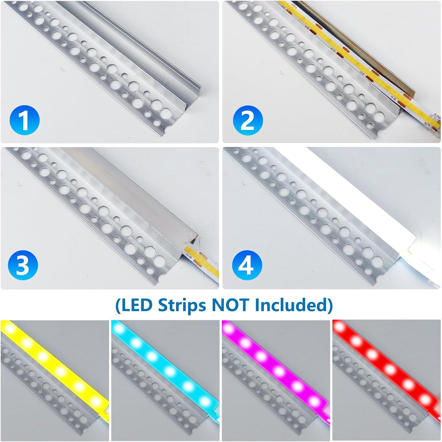 One-Sided Plaster-in Drywall LED Aluminum Channels– Fit for 1 to 12mm LED Strip | 1Meter | Silver | Milky White Cover | 4 / 6 / 10 -Pack | Local Stock US/UK