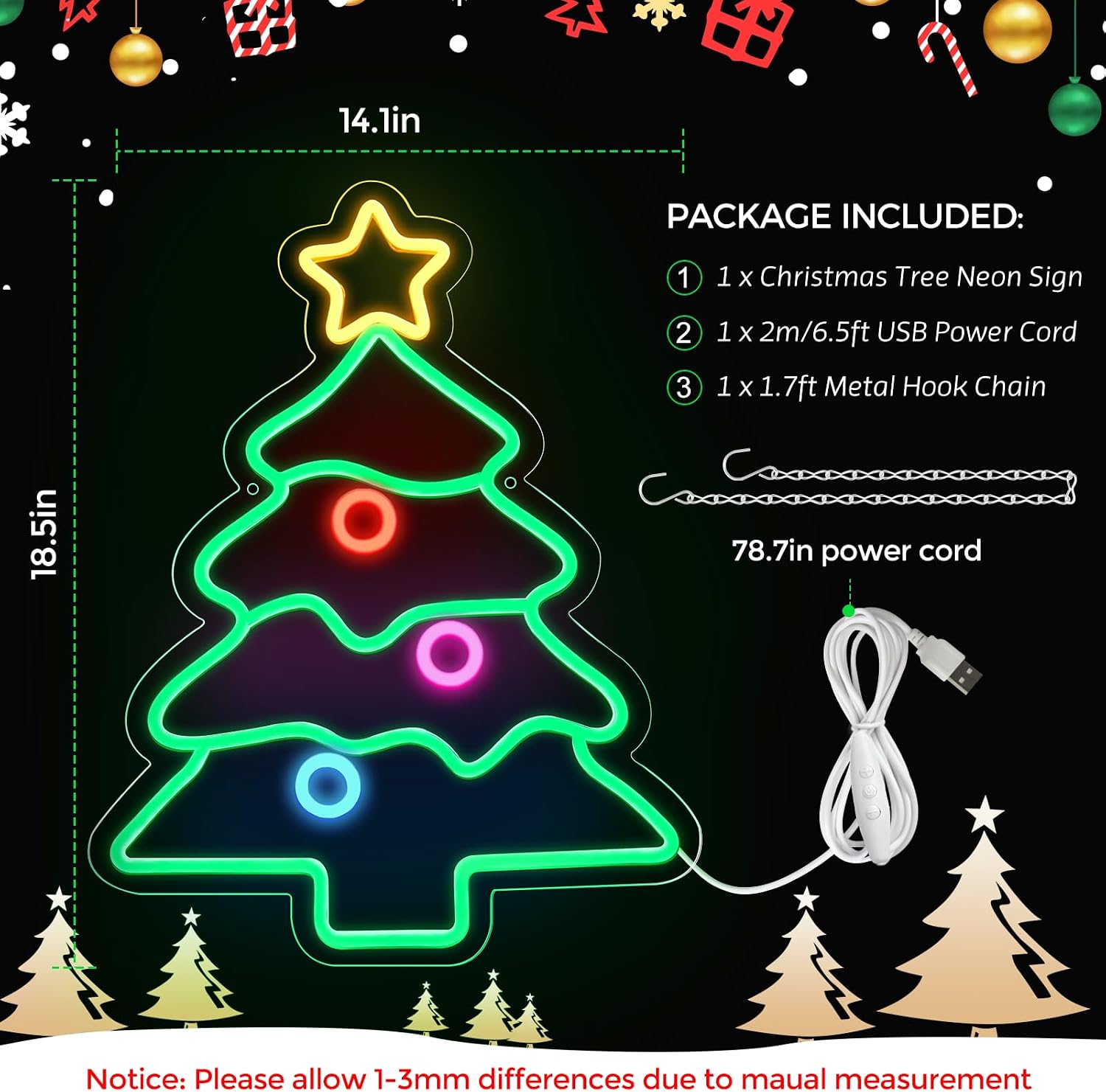 Good Vibes LED Sign – Christmas Tree Silicone Neon Sign – 18.5×14.17 Inch | USB Neon Light for Wall Decor | Dimmable Neon Lamp with Accessories Included | Hanging Holiday Decor for Christmas Party, Bedroom & Home Spaces