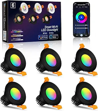 Smart COB WiFi Recessed Lighting | 2Inch 5W | Dimmable RGB & CCT 2700-6500K | 100–240V | Black Housing | Compatible with Alexa and Google Home | 4 / 6 / 10 / 12-Pack