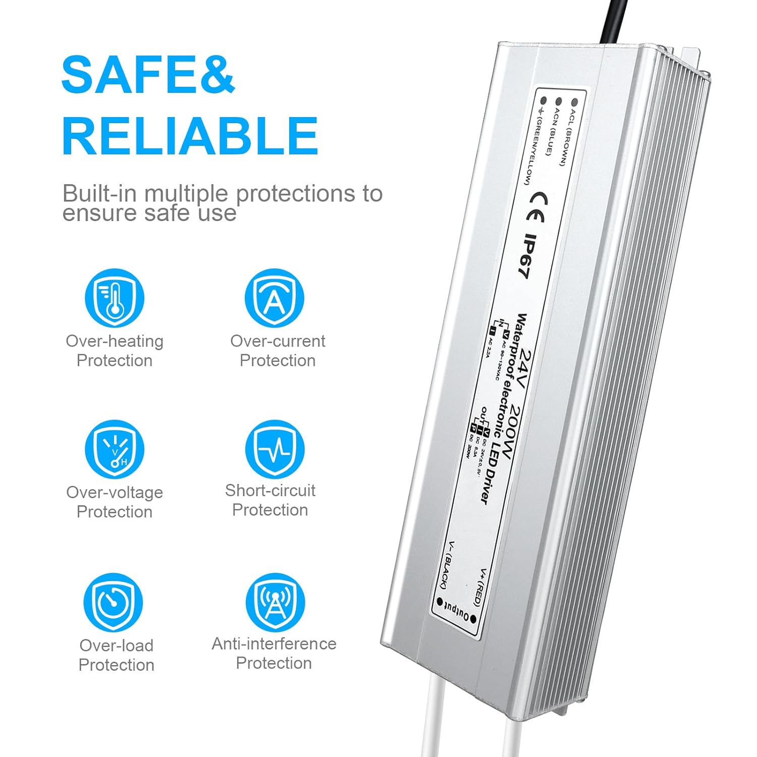 24V Waterproof LED Transformer, 90–140V Input, 200W–500W, Single/Dual Wire Output, CE/RoHS/FCC — US Plug & Wire Leads, Outdoor Lighting Adapter