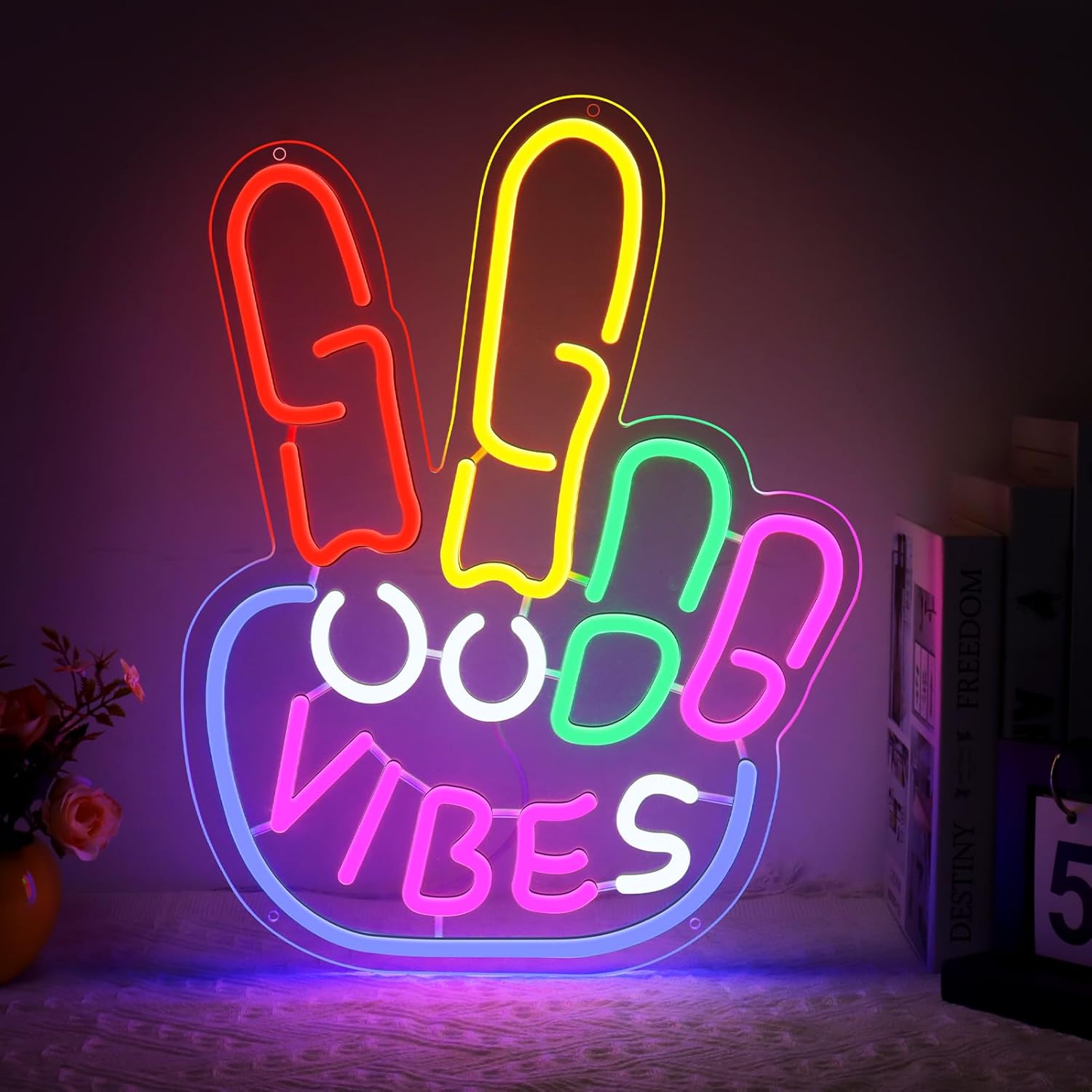 Good Vibes LED Sign – Peace Hand Sign | 17×13 inch | USB Neon Light for Wall Decor | Hanging | Ideal for Bedroom, Dorm, Lounge, Party Mood Lighting