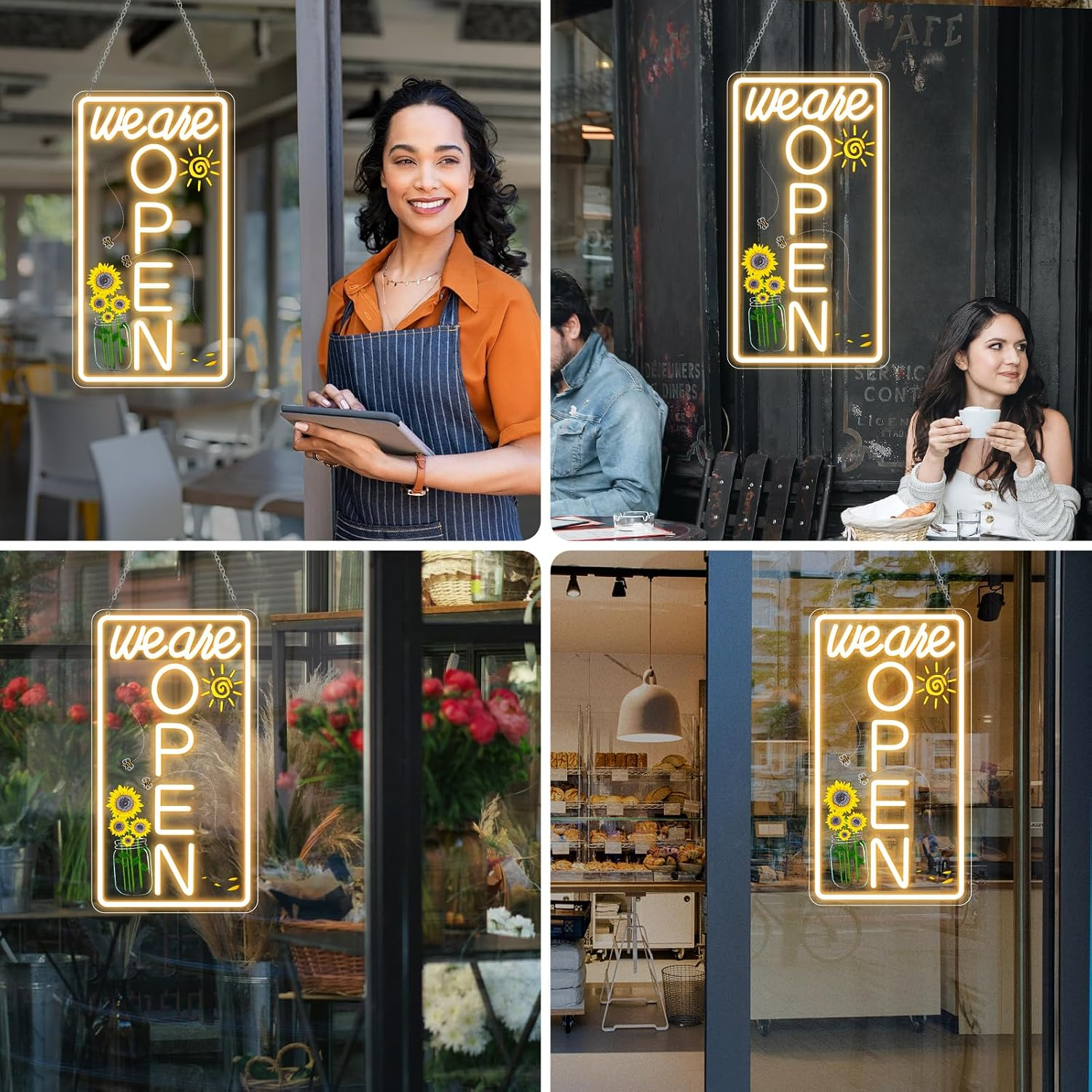 We Are Open Vertical Silicone Neon Signs – Warm White / Neutral White  | 16.5 × 9 inch |Window Hanging | Plug & Play for Storefronts