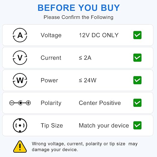 12V 24W Wall Plug Power Supply - AC 100-240V Input, Black Housing with US Plug for LED Strip Lights, Router and Electronic Devices