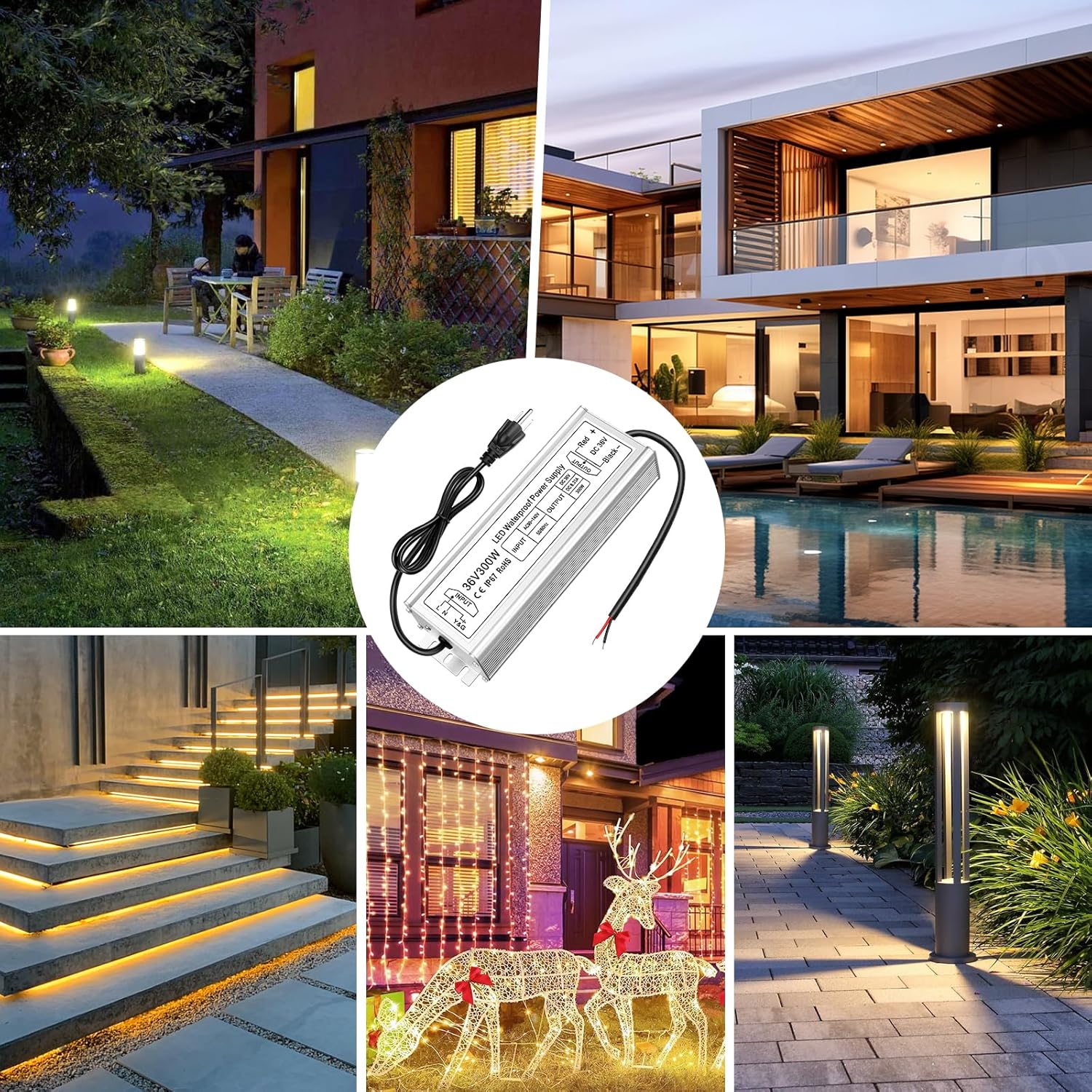 36V LED Driver, 90–140V Input, 100W–400W, Single Output Constant Voltage Power Supply, Aluminum Housing, IP67 Waterproof, CE/RoHS/FCC — US Plug & Wire Leads Options