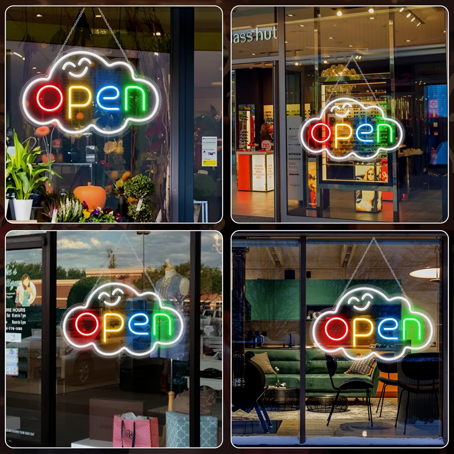 OPEN LED Sign – Cloud Shape | Fixed Rainbow Glow Neon Sign | 2 Sizes | Window Hanging | Plug & Play for Storefronts