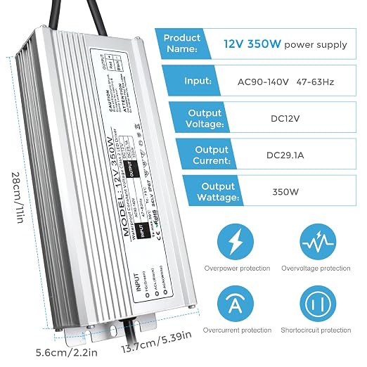12V Waterproof LED Power Supply, 175–265V Input, 200W–500W, Single/Dual Wire Output, Aluminum Housing, Outdoor LED Driver, CE/RoHS/FCC — UK/EU Plug & Wire Leads Options