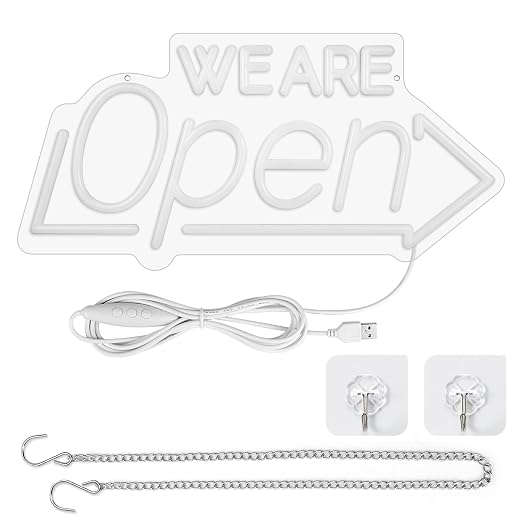 Enseigne néon « Ouvert » avec décor tournesol – Version USB | Blanc chaud / Jaune et blanc | 43 x 23 cm / 61 x 33 cm | Éclairage LED DC 5 V pour vitrine d'entreprise