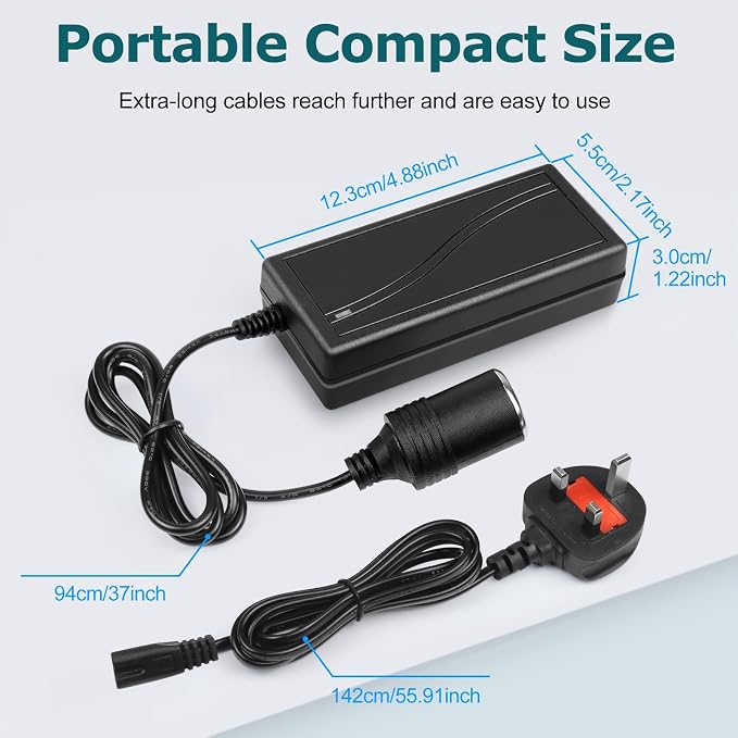 DC 12V Cigarette Lighter Desktop Power Supply Adapter 60W–120W, AC 100–240V Input, Converter Transformer with UK Plug — for Car Accessories, Air Pump, Cooler, and Electronics