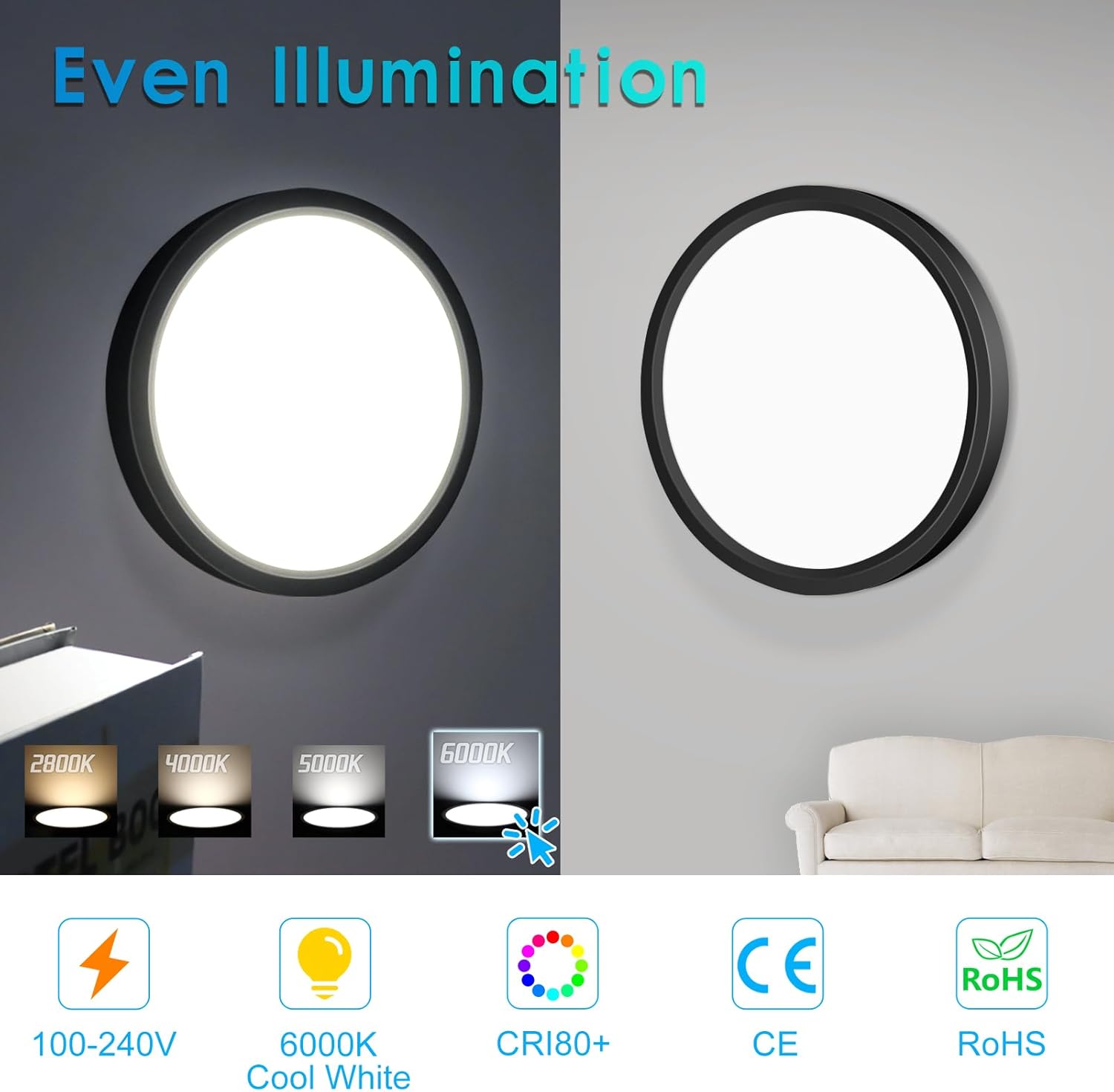 AC 220–240V Round LED Ceiling Light – Black – 12W / 18W / 24W / 32W Options – 3000K / 4500K / 5000K / 6500K – Flush Mount Ceiling Light – Local Stock (UK/DE)