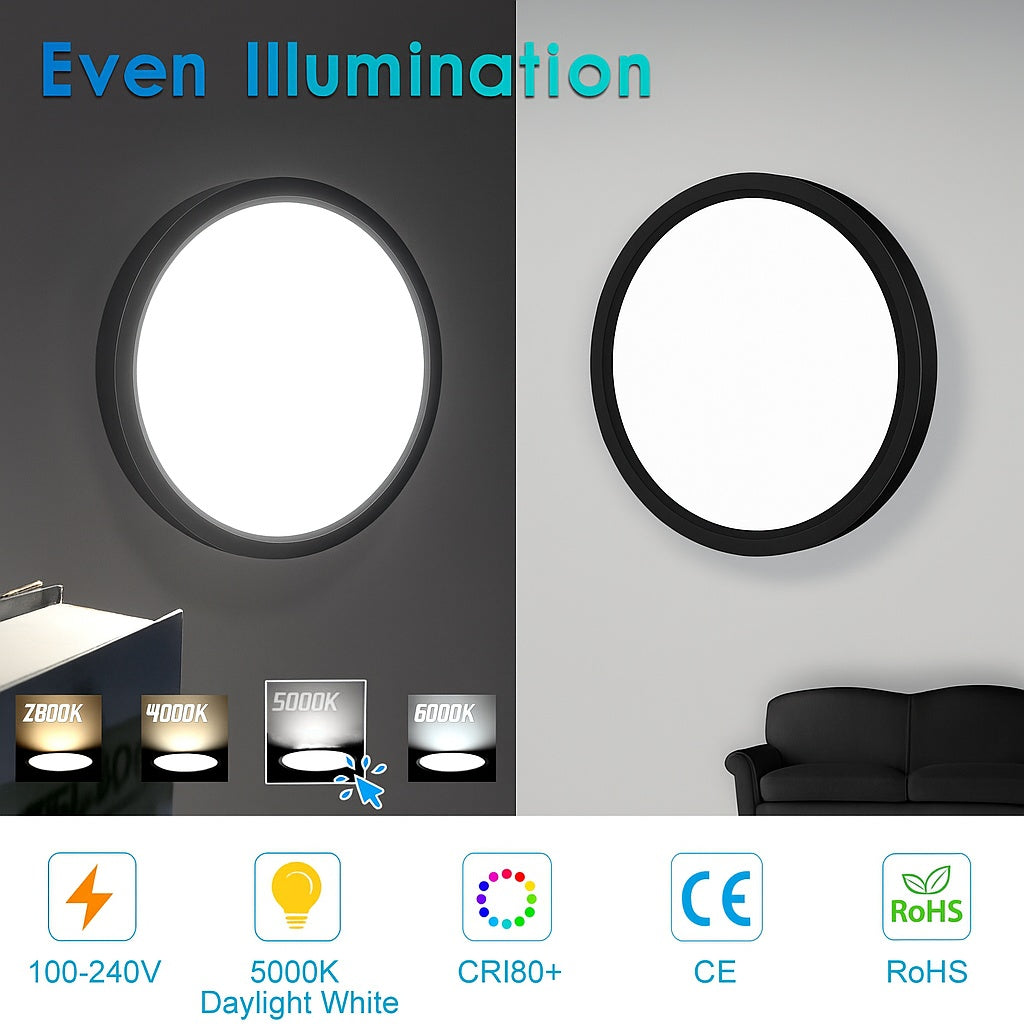 AC 220–240V Round LED Ceiling Light – Black – 12W / 18W / 24W / 32W Options – 3000K / 4500K / 5000K / 6500K – Flush Mount Ceiling Light – Local Stock (UK/DE)