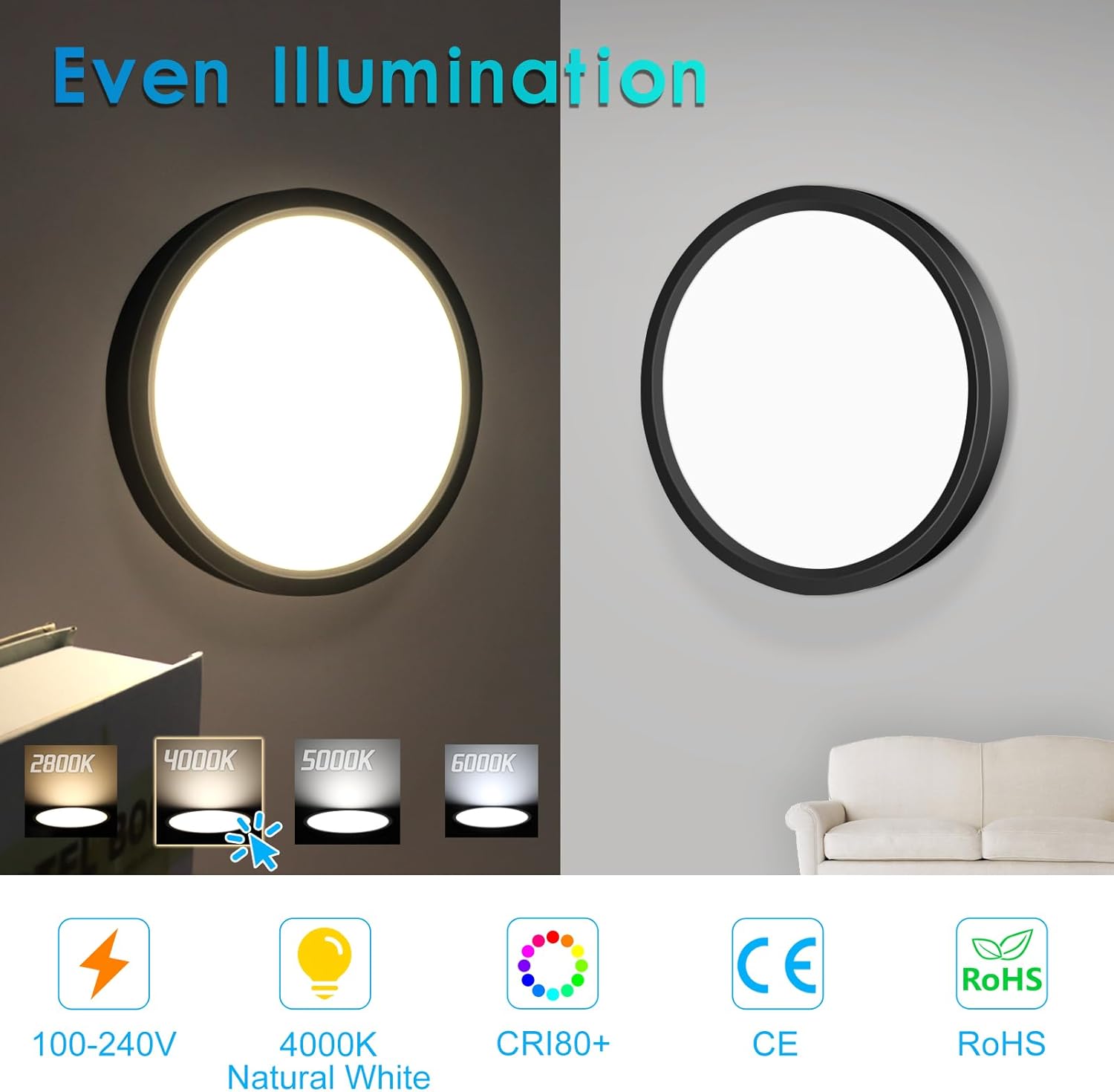 AC 220–240V Round LED Ceiling Light – Black – 12W / 18W / 24W / 32W Options – 3000K / 4500K / 5000K / 6500K – Flush Mount Ceiling Light – Local Stock (UK/DE)