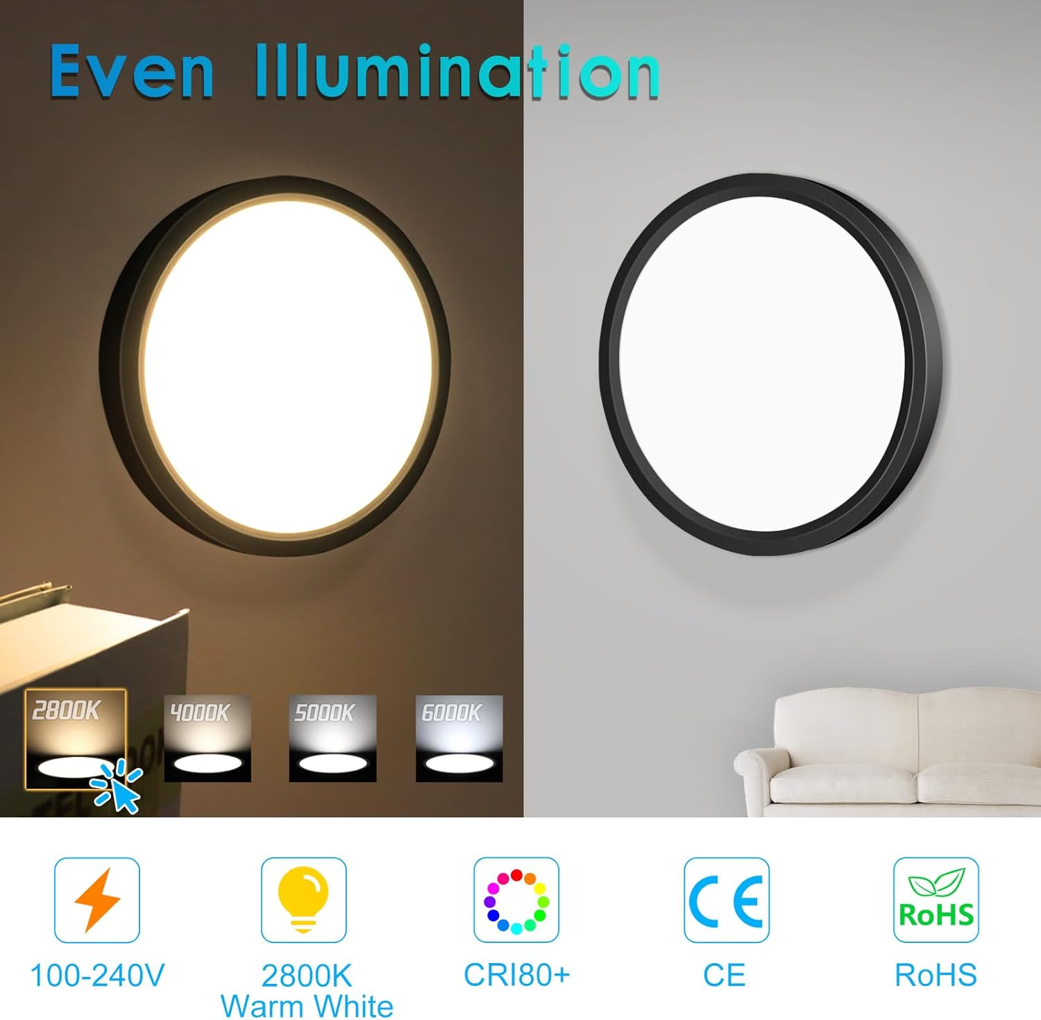 AC 220–240V Round LED Ceiling Light – Black – 12W / 18W / 24W / 32W Options – 3000K / 4500K / 5000K / 6500K – Flush Mount Ceiling Light – Local Stock (UK/DE)