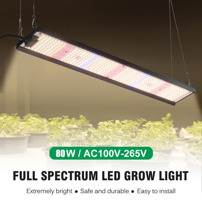 80W Full Spectrum LED Grow Light Quantum Panel, 411pcs SMD2835 LEDs, 5000K/3000K + 660nm Red + 730nm IR + 460nm Blue + 395nm UV, 100–265VAC for Indoor Plants & Hydroponics