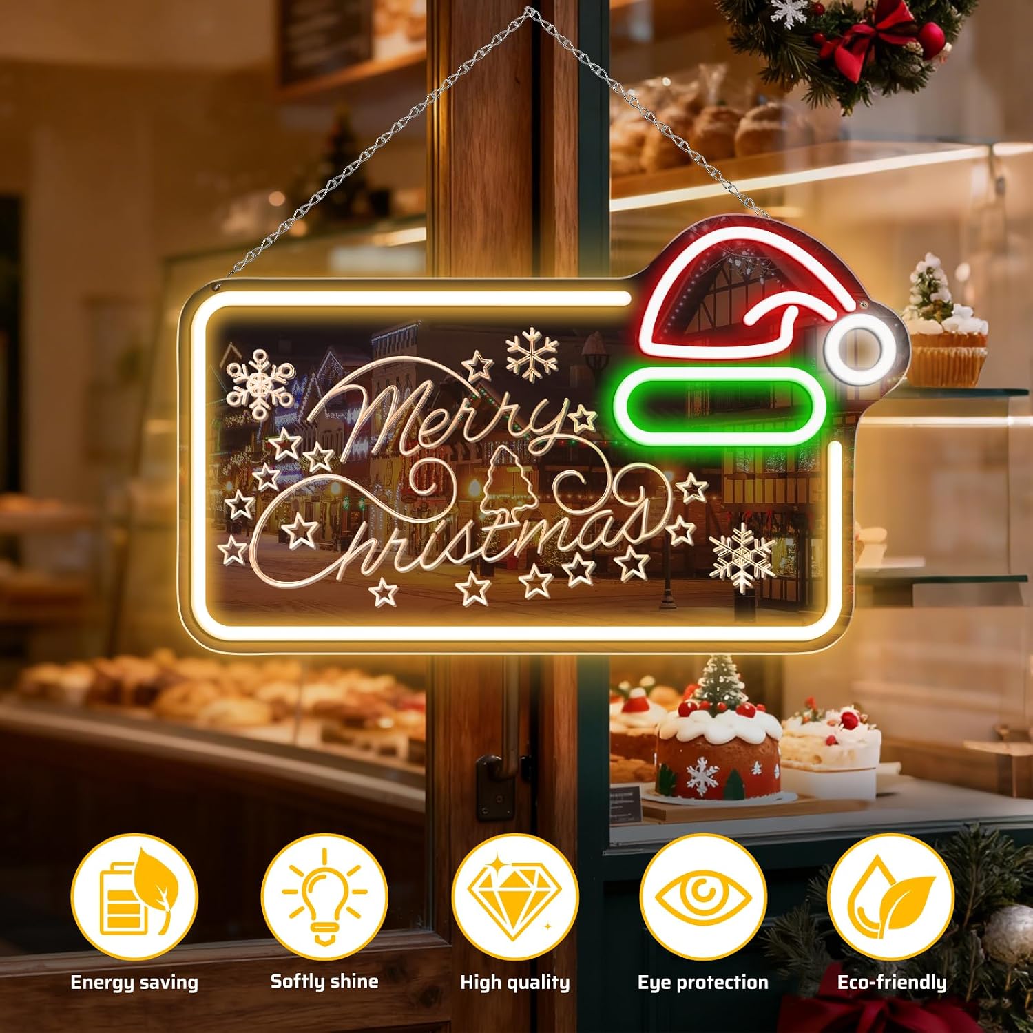 MERRY CHRISTMAS Mirror LED Sign – 16.5×10 Inch | 5V USB Powered Dimmable LED Light | Yellow, Red, Green & White Glow | Christmas Hat Design Hanging Sign with Accessories Included for Christmas Events, Retail Displays & Holiday Decorations