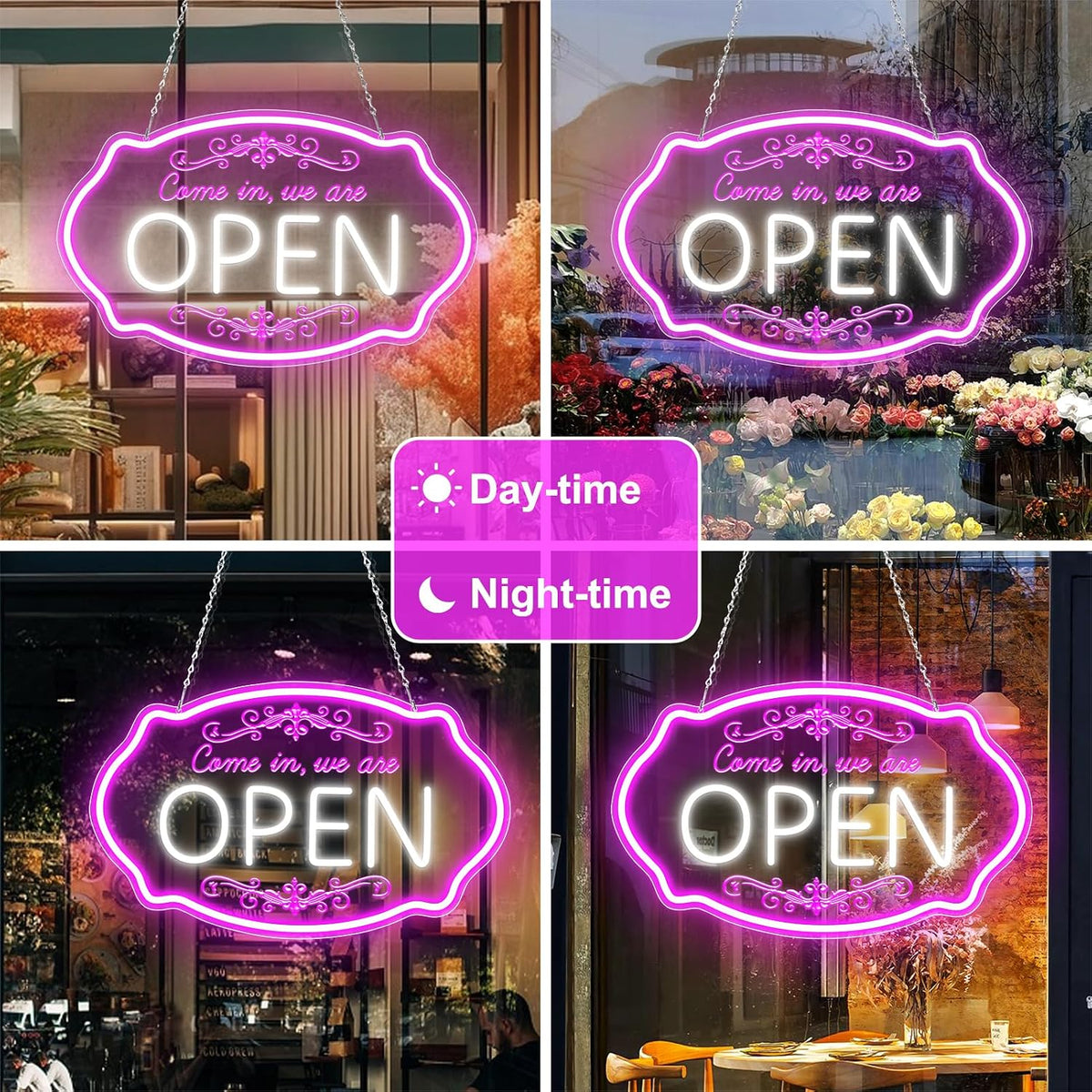 Come in We’re Open Silicone Neon Signs – Pink + White Glow | 16.5 × 10 inch | Window Hanging Business Sign | Plug & Play