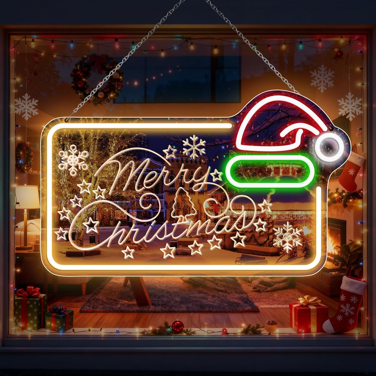 MERRY CHRISTMAS Mirror LED Sign – 16.5×10 Inch | 5V USB Powered Dimmable LED Light | Yellow, Red, Green & White Glow | Christmas Hat Design Hanging Sign with Accessories Included for Christmas Events, Retail Displays & Holiday Decorations