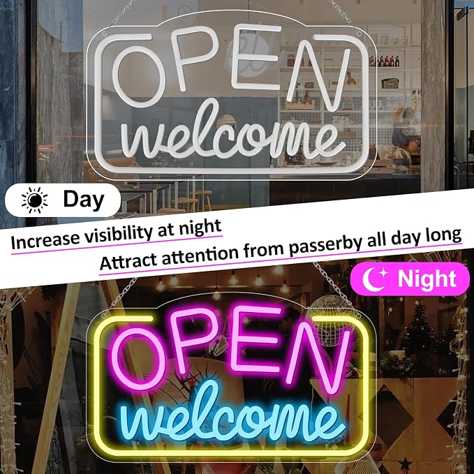 OPEN Welcome LED Silicone Neon Sign – 16×9 Inch (41×23 cm) Horizontal Style | USB Powered Pink, Blue & Yellow Glow Light for Storefront Window & Business Decor