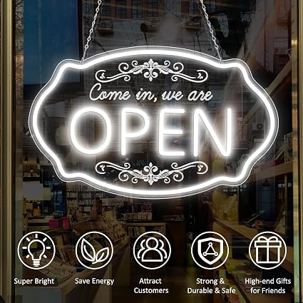 WE ARE OPEN COME IN LED Silicone Neon Sign – 23.5×14 Inch & 16.5×10 Inch | 5V USB Powered Dimmable Light with Engraved Back Design for Storefront Window & Business Decor