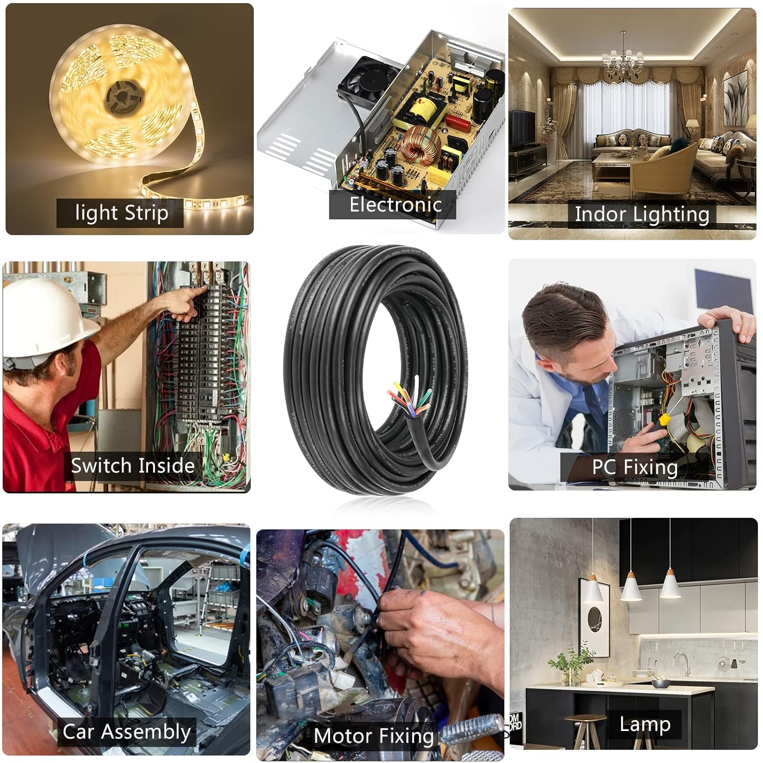 24 AWG Electrical Cable, 6/7/8 Conductor Stranded Tinned Copper Multi-Core Wire, Black/White PVC Jacket Flexible Control Extension Cord, 10/20/50m (33ft–165ft) Options