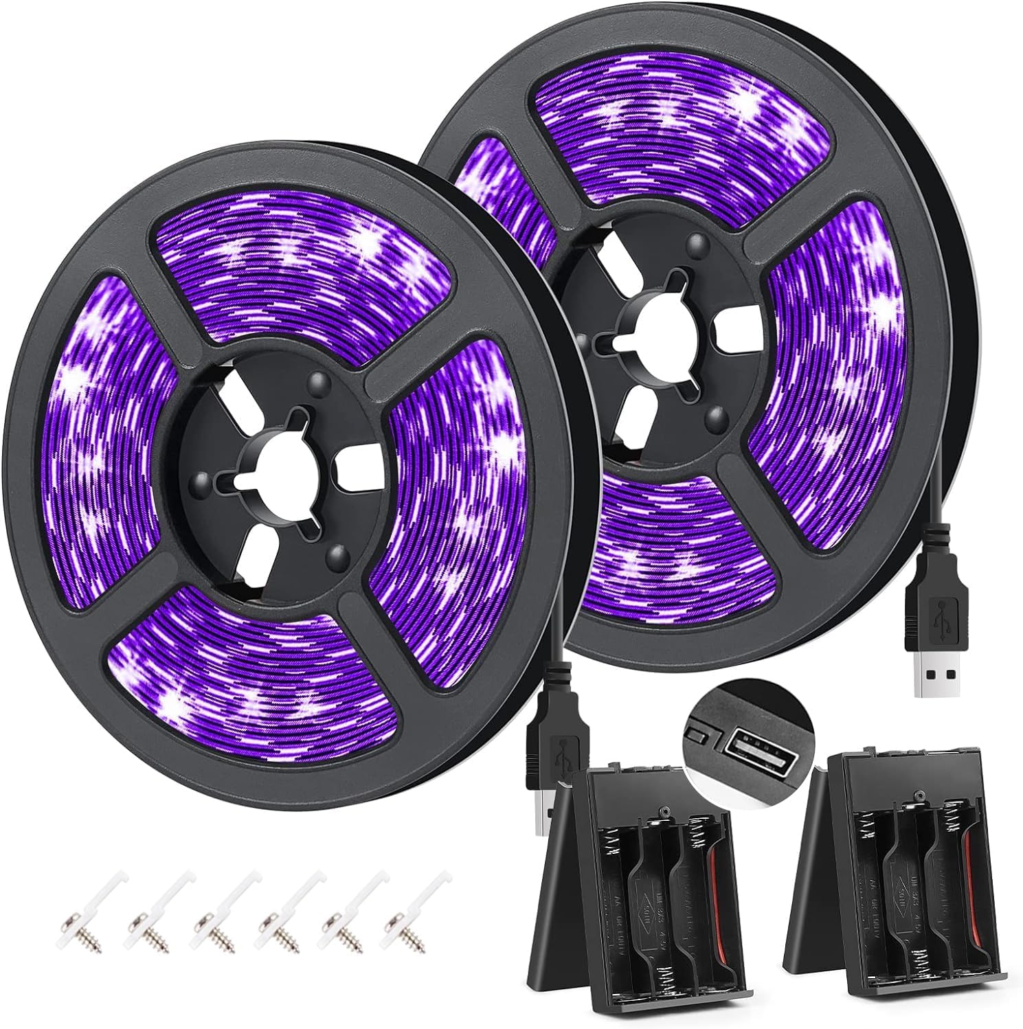 8.2FT UV Black Light LED Strip – SMD3528 | 380–400nm | USB Powered UV Light Strip with Battery Box | Non-Waterproof | For Fluorescent Party, Body Paint, Glow Decoration (2 Pack)
