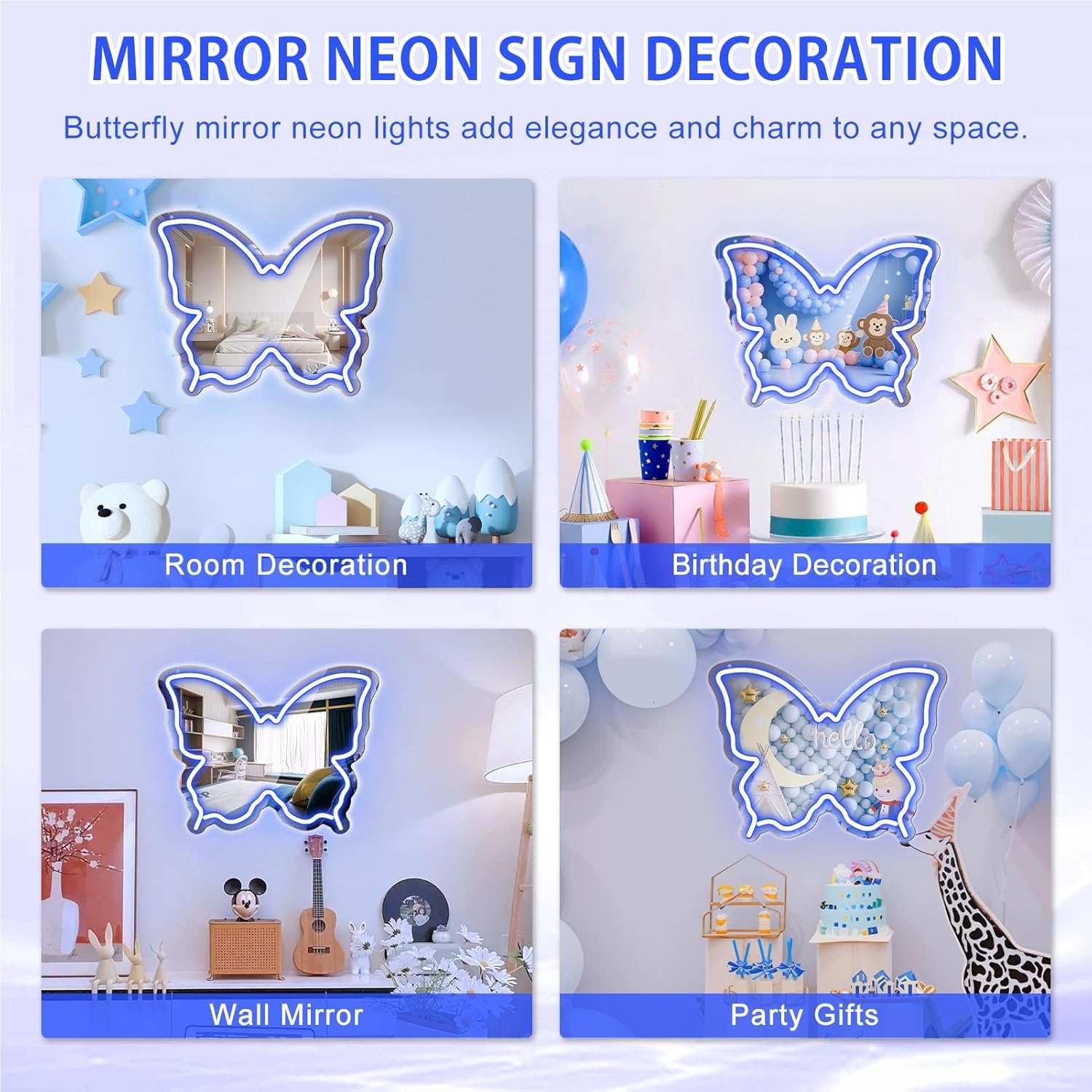 Butterfly Mirror Vanity Sign – 15.7×12 inch | Blue/Ice Blue/Pink/Purple/Warm White Neon Outline | USB Powered | Perfect for Vanity Decor