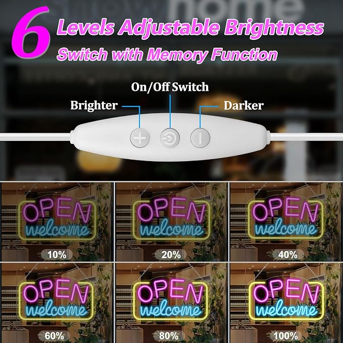 OPEN Welcome LED Silicone Neon Sign – 16×9 Inch (41×23 cm) Horizontal Style | USB Powered Pink, Blue & Yellow Glow Light for Storefront Window & Business Decor