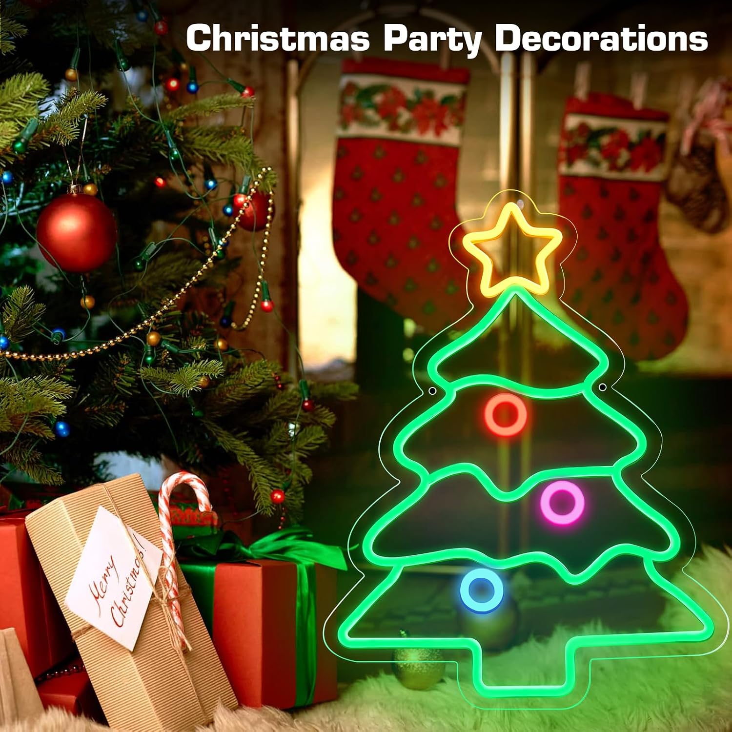 Good Vibes LED Sign – Christmas Tree Silicone Neon Sign – 18.5×14.17 Inch | USB Neon Light for Wall Decor | Dimmable Neon Lamp with Accessories Included | Hanging Holiday Decor for Christmas Party, Bedroom & Home Spaces
