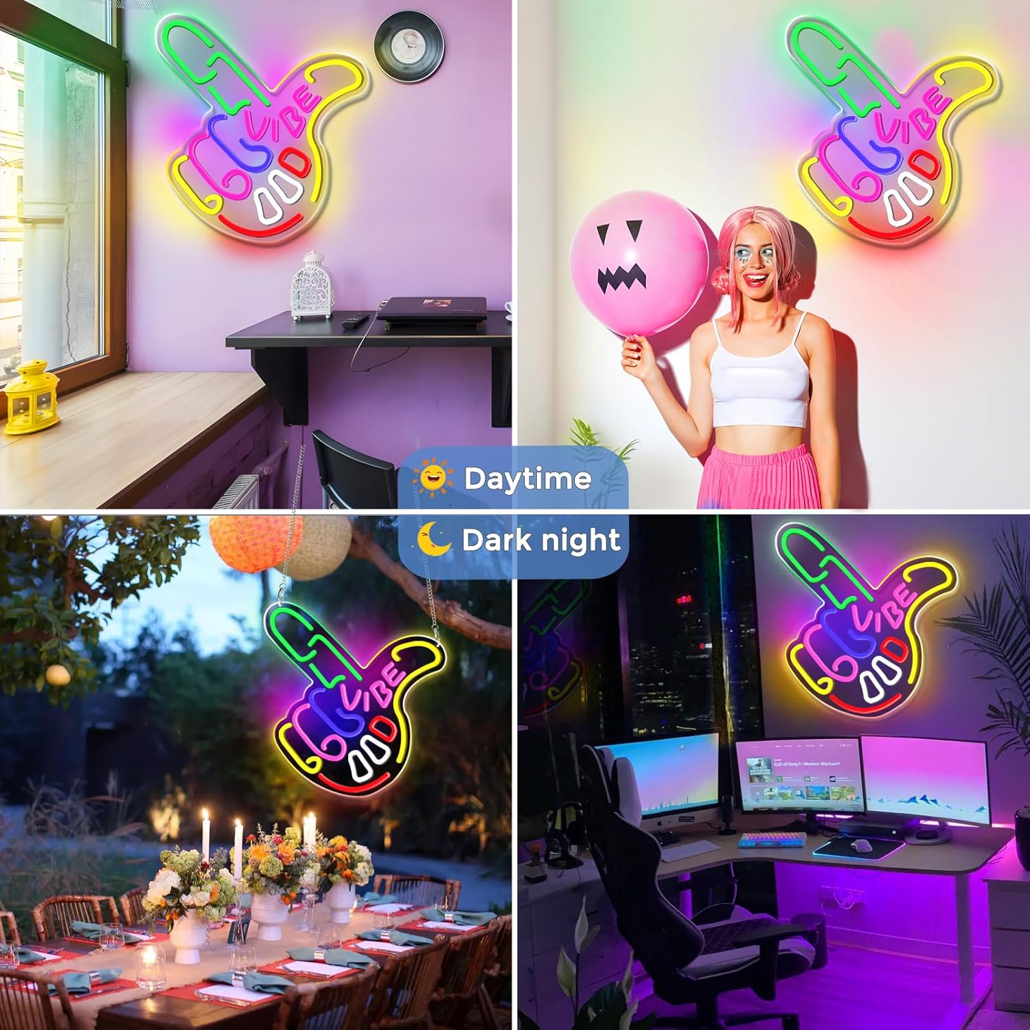 Good Vibes LED Sign – Cool Hand Sign | 17×13 inch | USB Neon Light for Wall Decor | Hanging | Ideal for Bedroom, Dorm, Lounge, Party