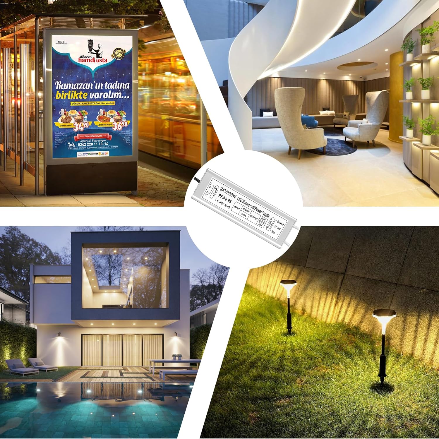 24V Waterproof LED Power Supply 30W–300W, 90–265V Input, Single/Dual Wire Output, Outdoor LED Driver, CE/RoHS/FCC — US/UK/EU Plug & Wire Leads Options